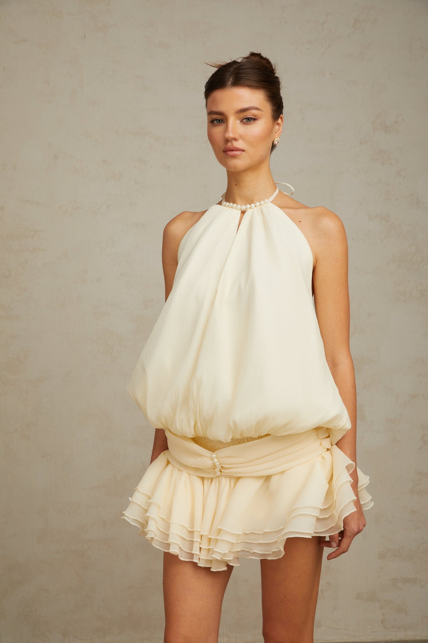 Bérénice white halterneck faux-pearl mini dress