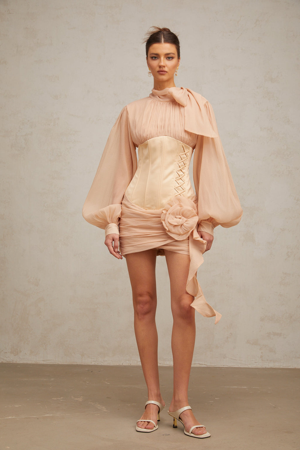 Téa cinched-waist floral-appliqué panelled mini dress