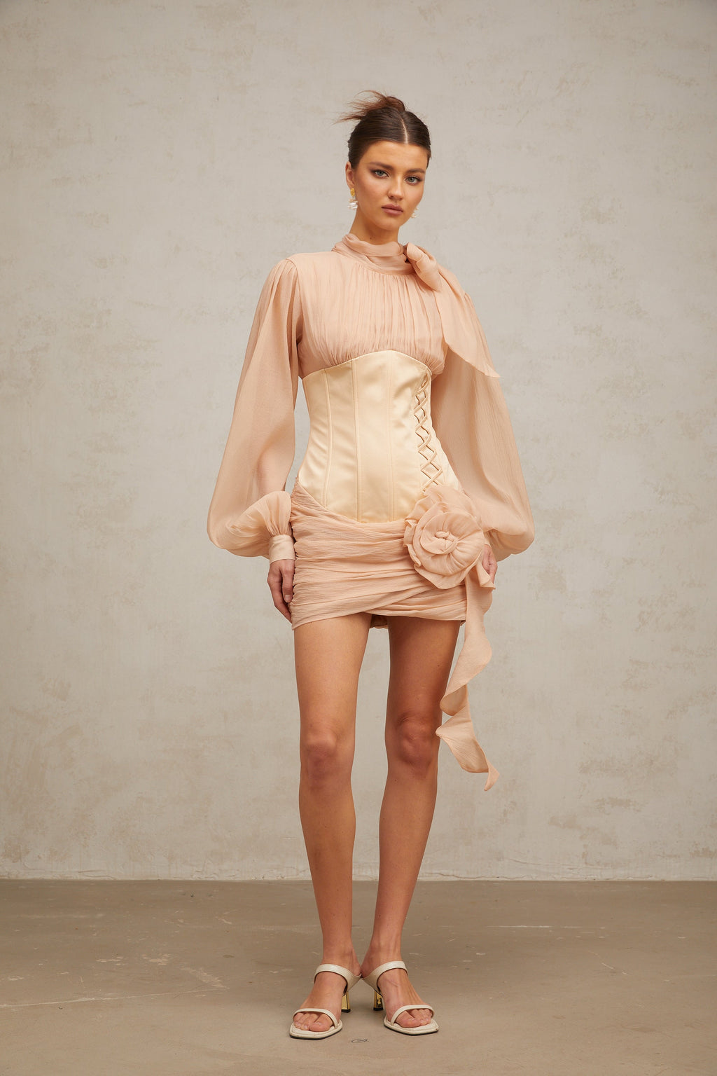 Téa cinched-waist floral-appliqué panelled mini dress