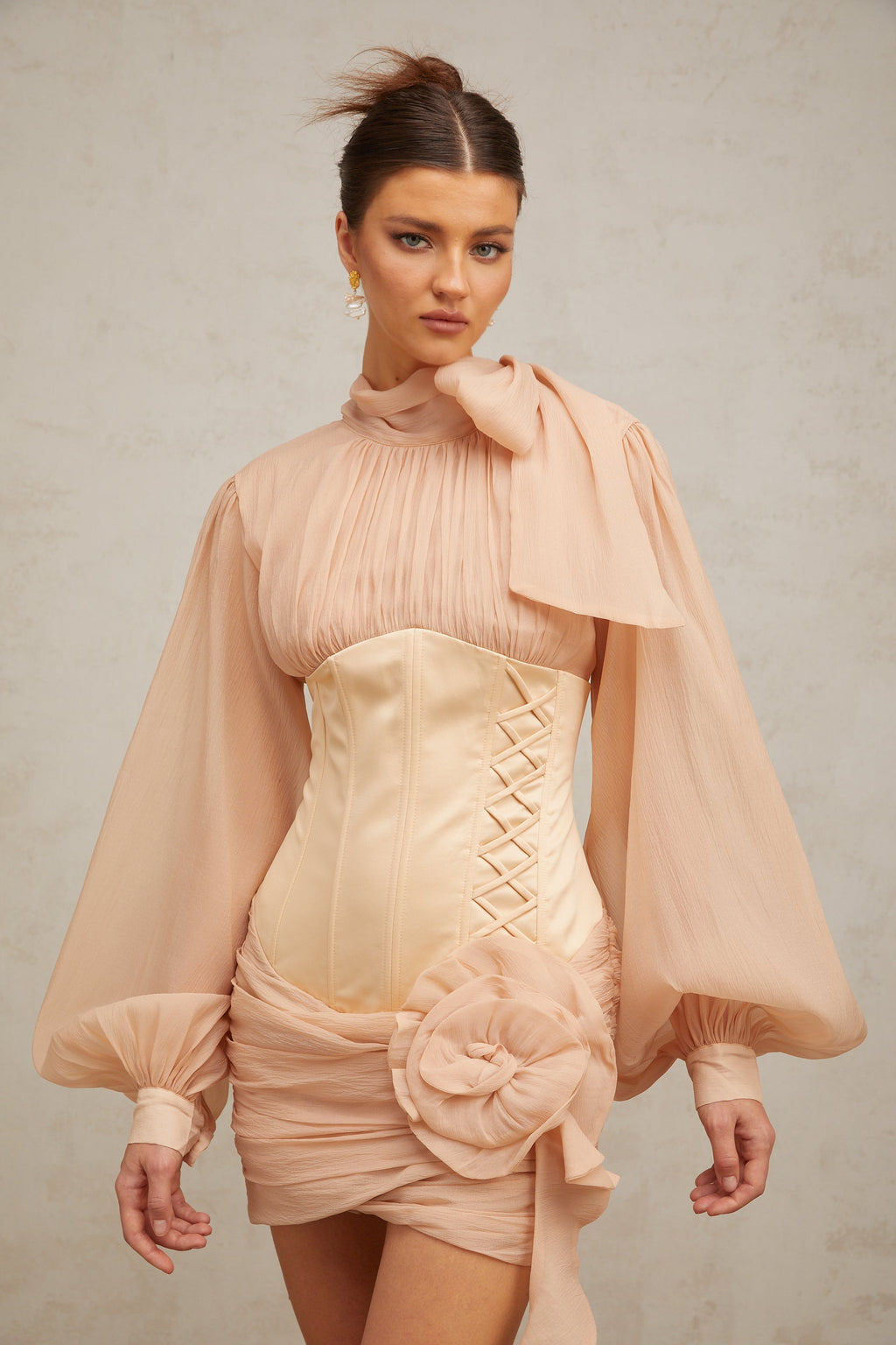 Téa cinched-waist floral-appliqué panelled mini dress