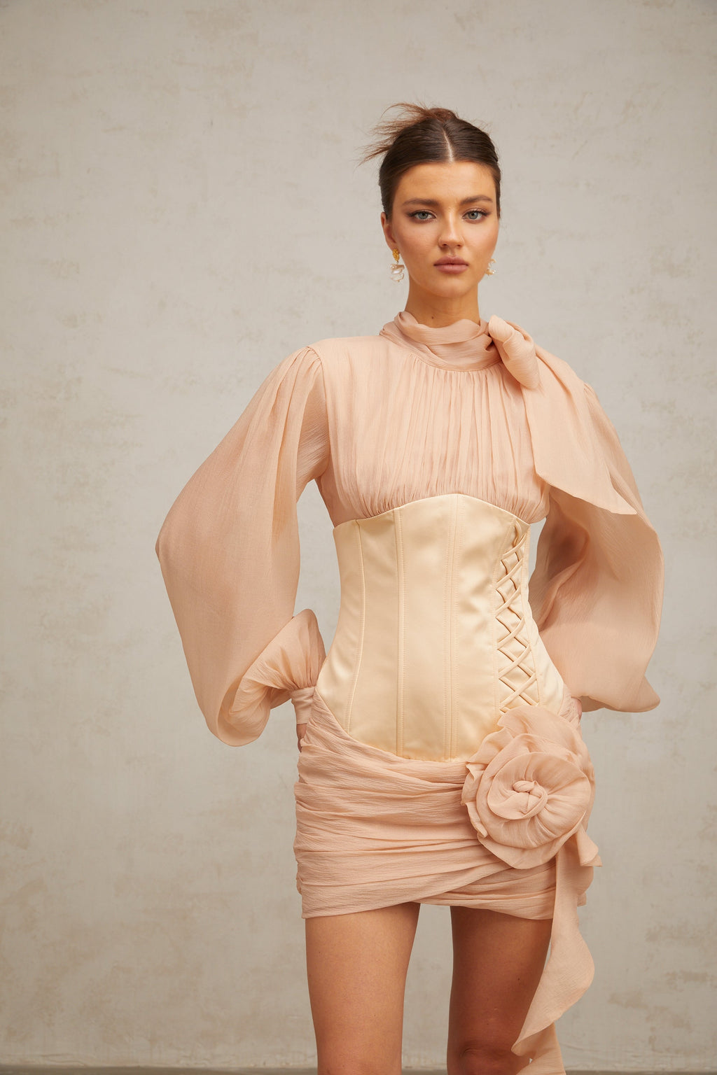 Téa cinched-waist floral-appliqué panelled mini dress