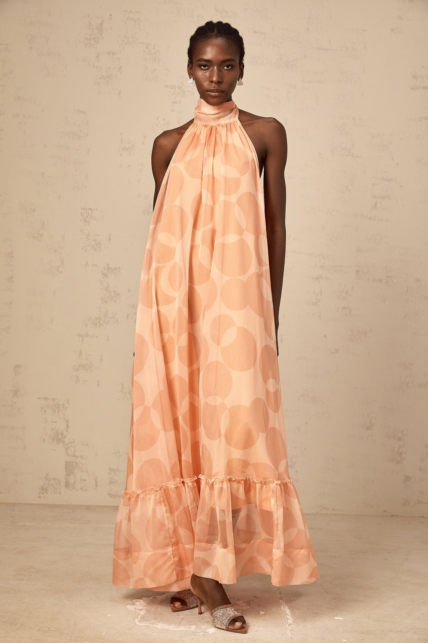 Clémence coral-pink halterneck pattern-print maxi dress