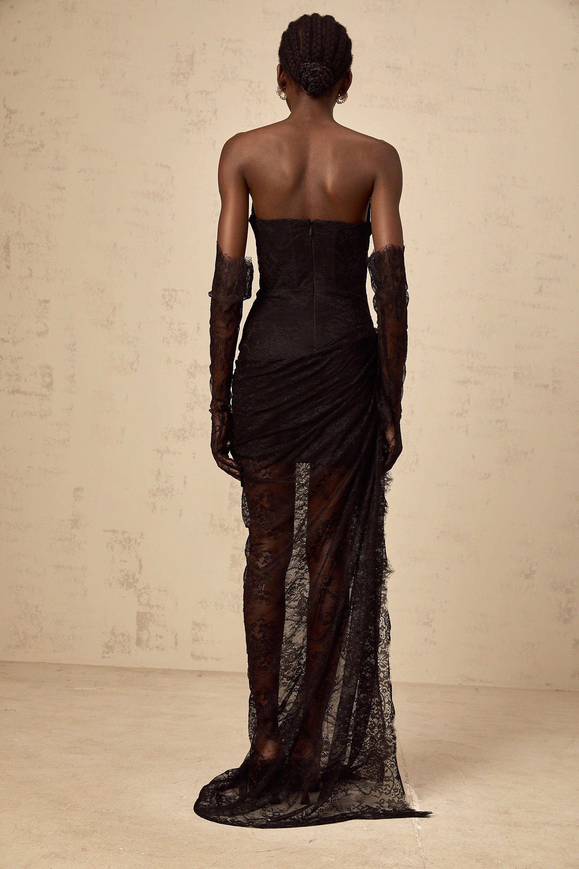 Sylvie black beaded asymmetrical lace maxi dress