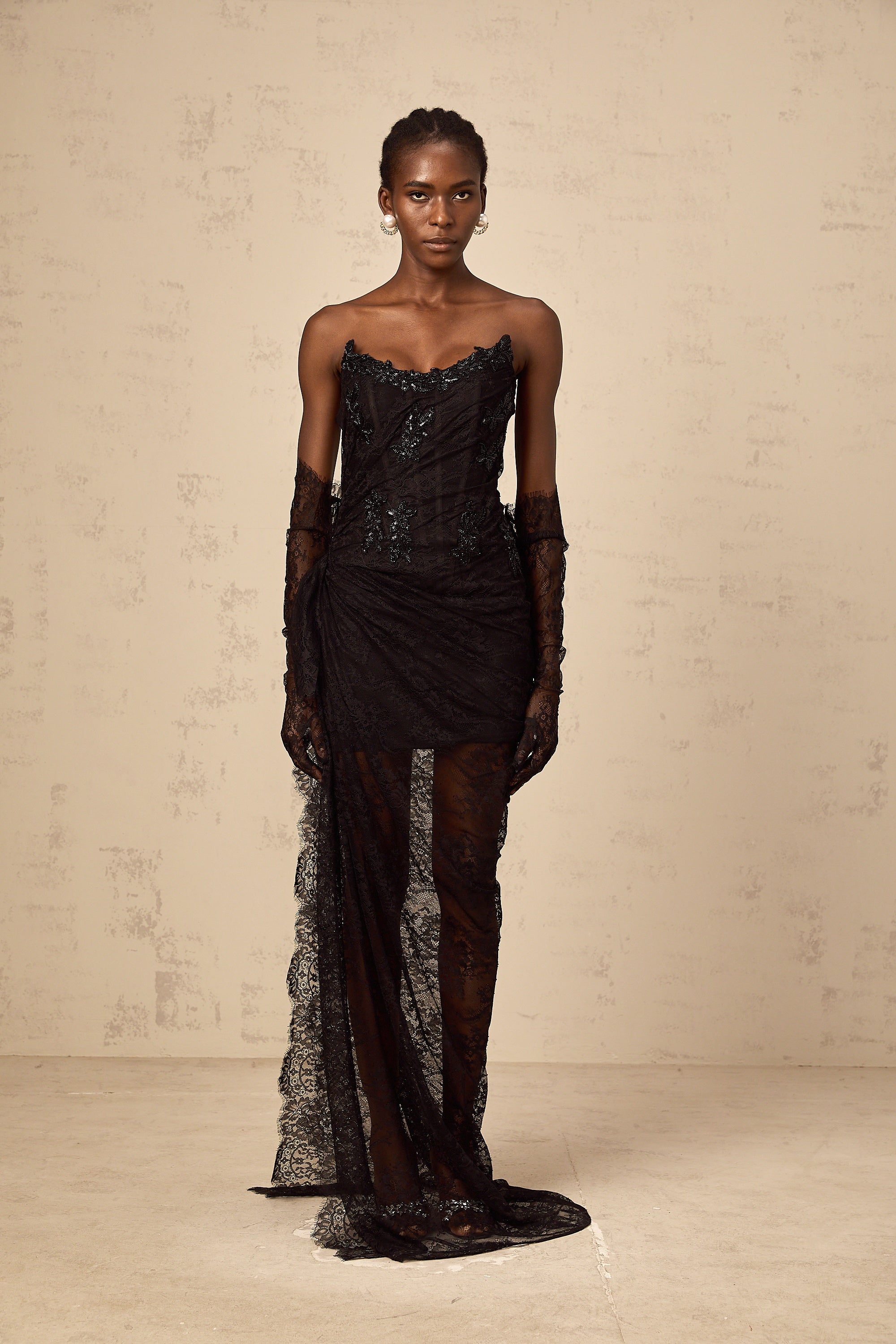 Sylvie black beaded asymmetrical lace maxi dress