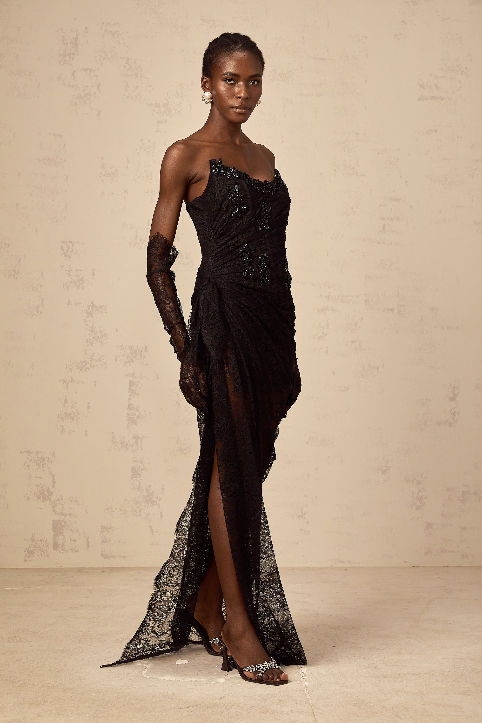 Sylvie black beaded asymmetrical lace maxi dress