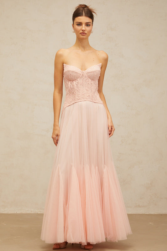 Ulrique pink lace corset tulle maxi dress