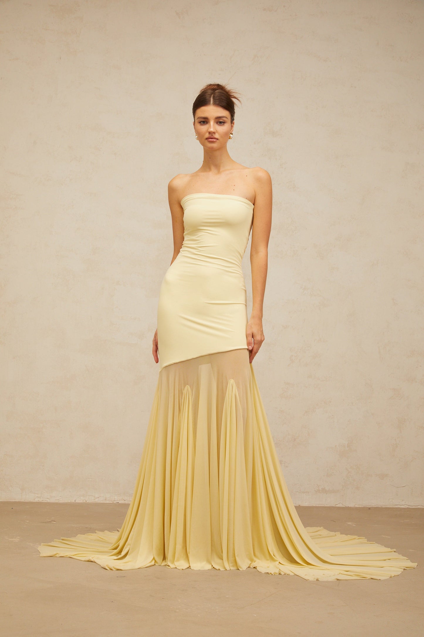 Josiane yellow off-shoulder sheer tulle maxi dress