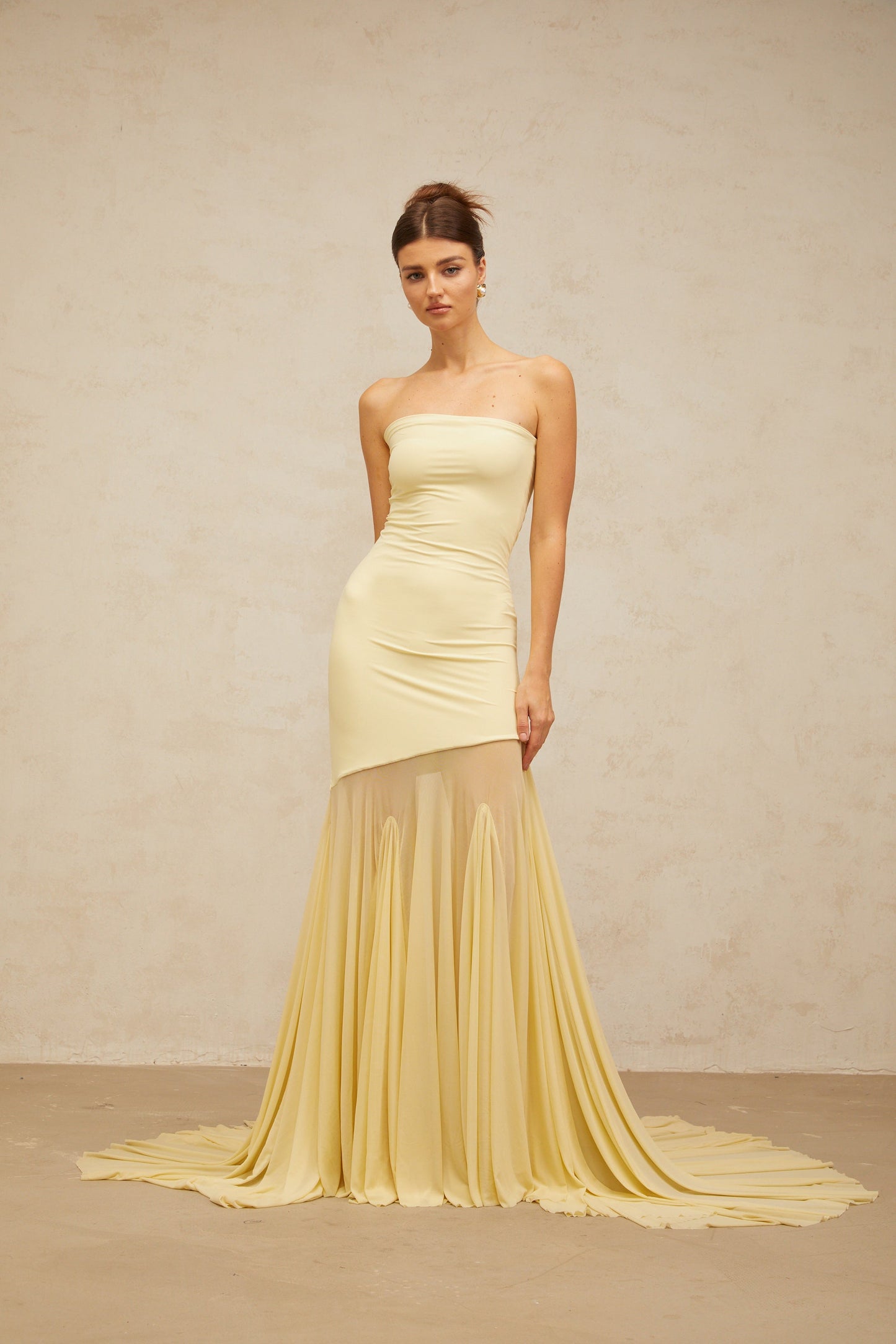 Josiane yellow off-shoulder sheer tulle maxi dress