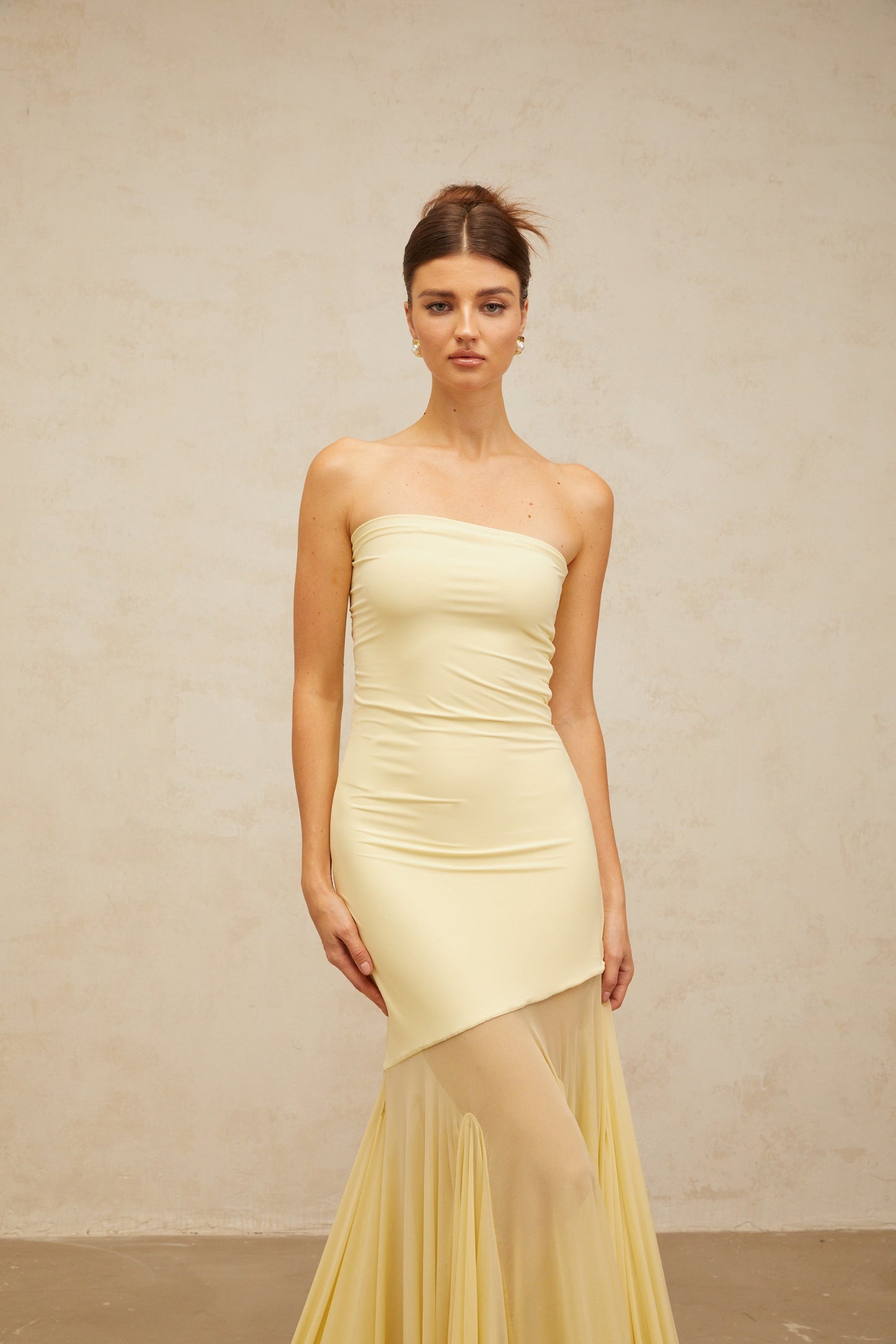 Josiane yellow off-shoulder sheer tulle maxi dress