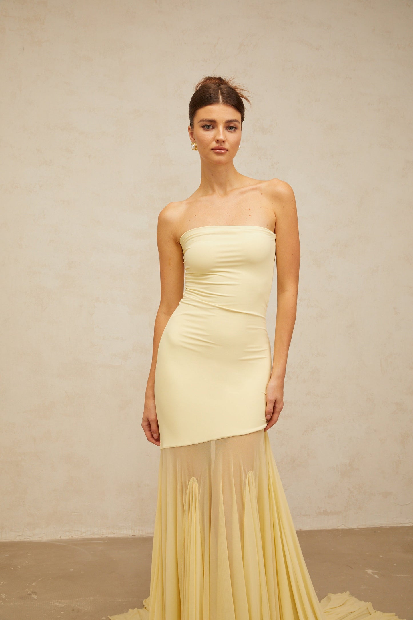 Josiane yellow off-shoulder sheer tulle maxi dress