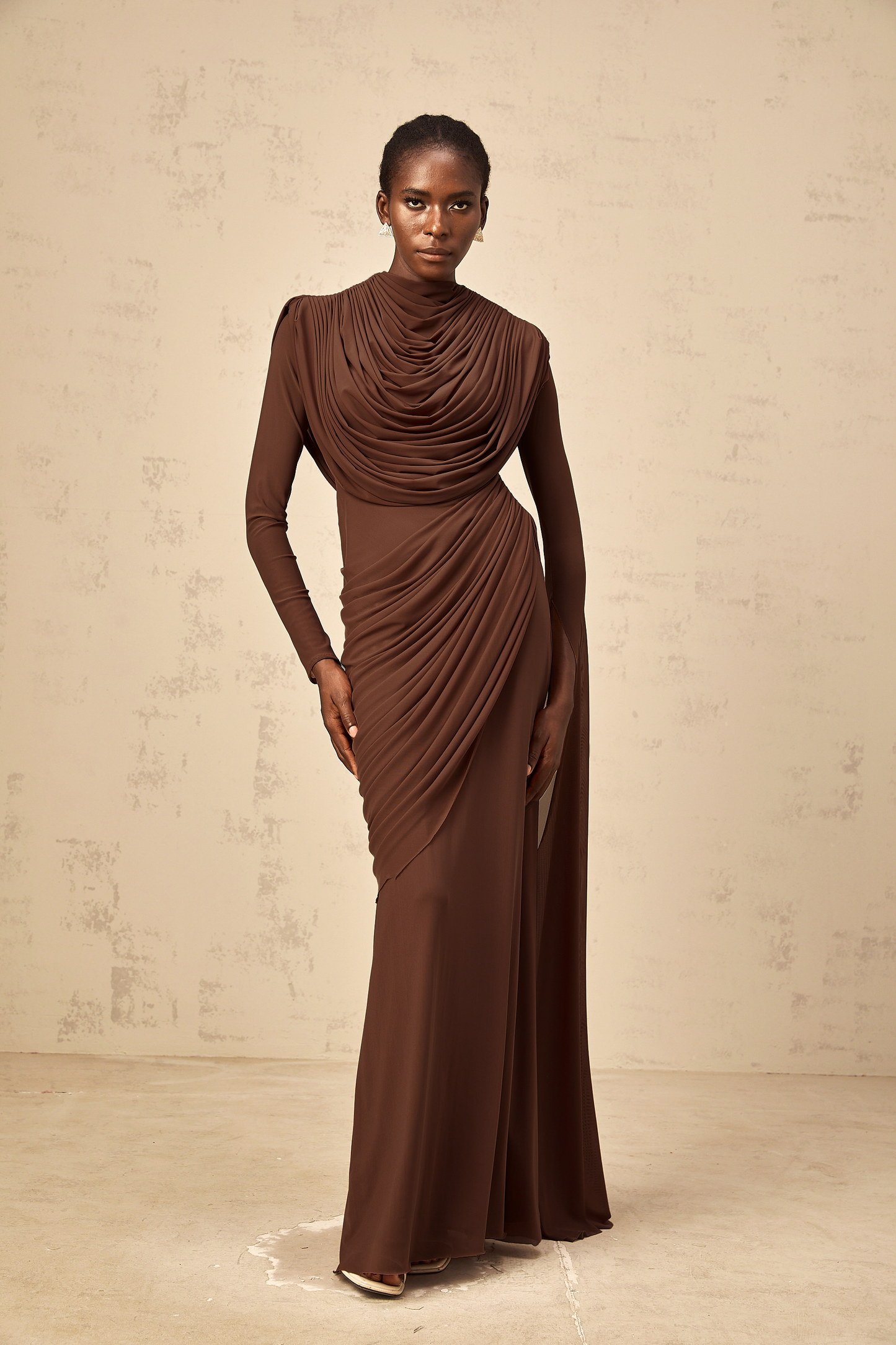 Danaé brown shirred-effect draped maxi dress