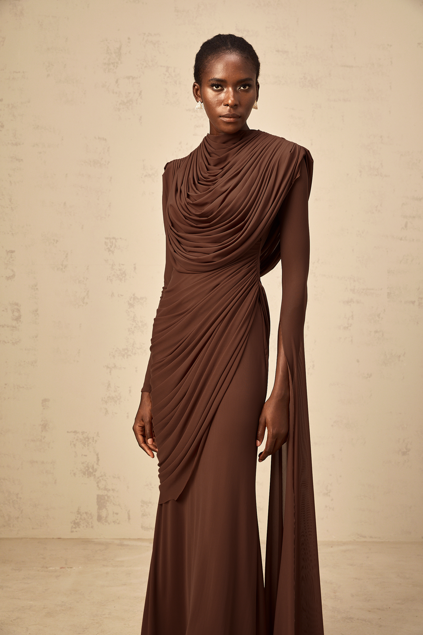 Danaé brown shirred-effect draped maxi dress