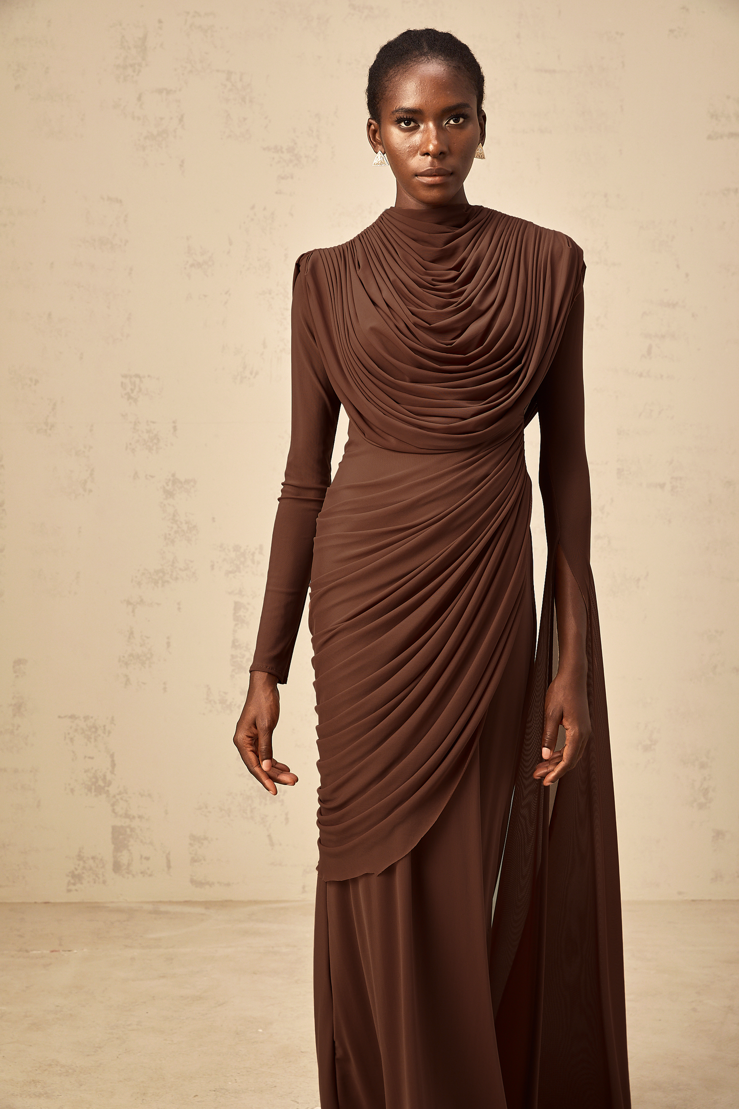 Danaé brown shirred-effect draped maxi dress