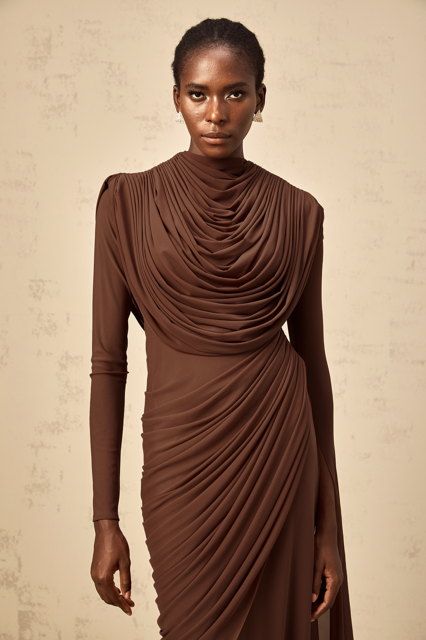 Danaé brown shirred-effect draped maxi dress