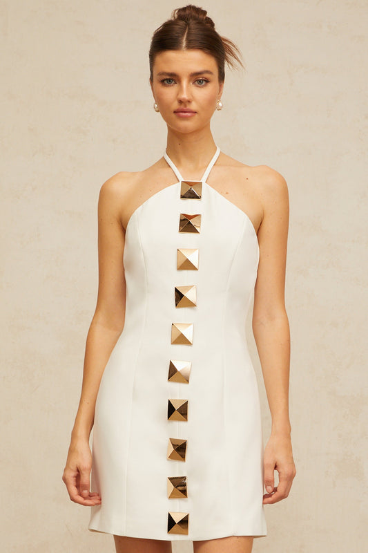Annabelle white halterneck A-line mini dress