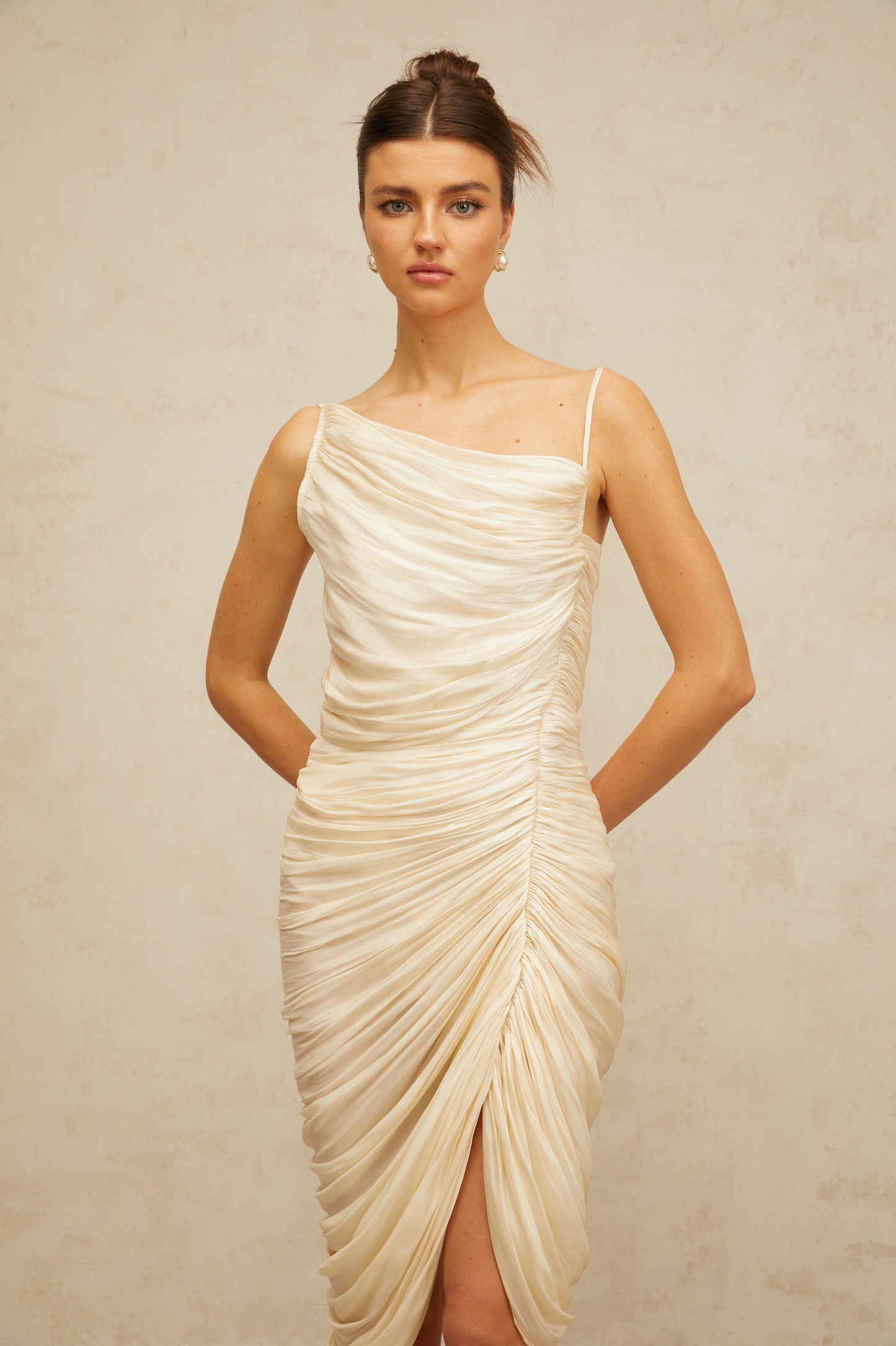 Lison glossy ruched midi dress in Light-yellow