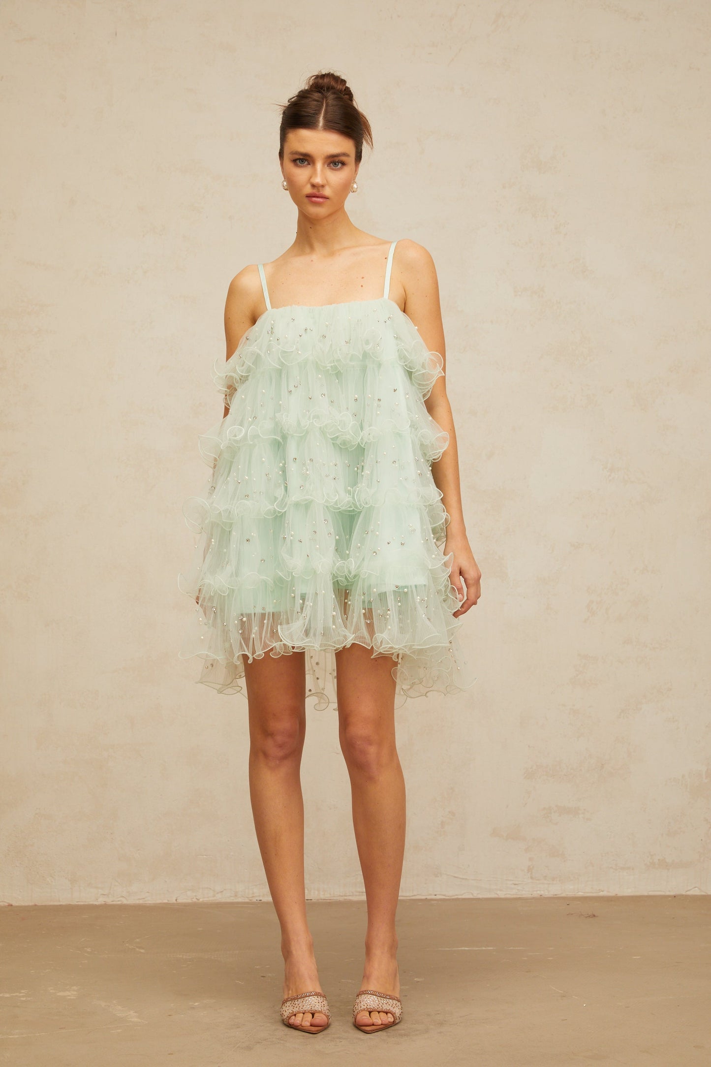 Airelle light-green embellished tiered tulle mini dress