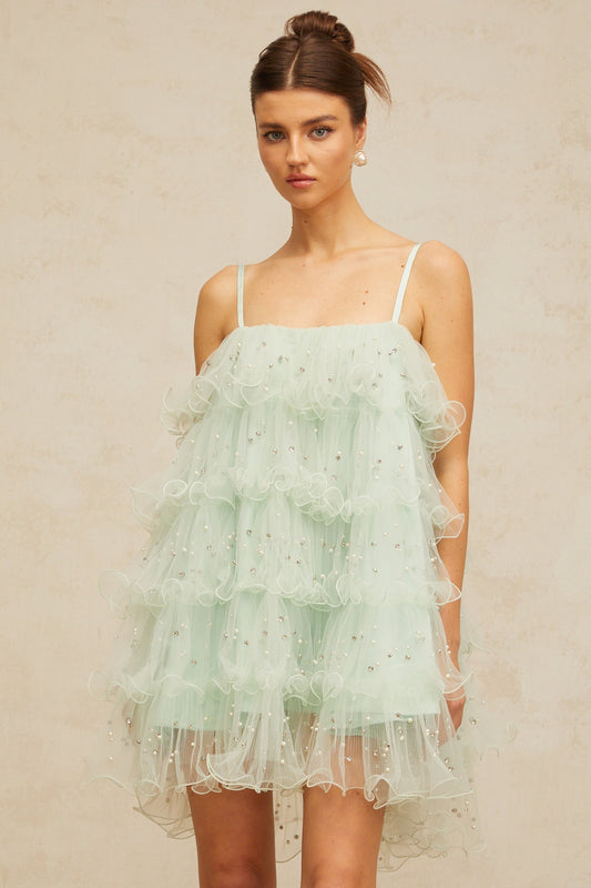 Airelle light-green embellished tiered tulle mini dress