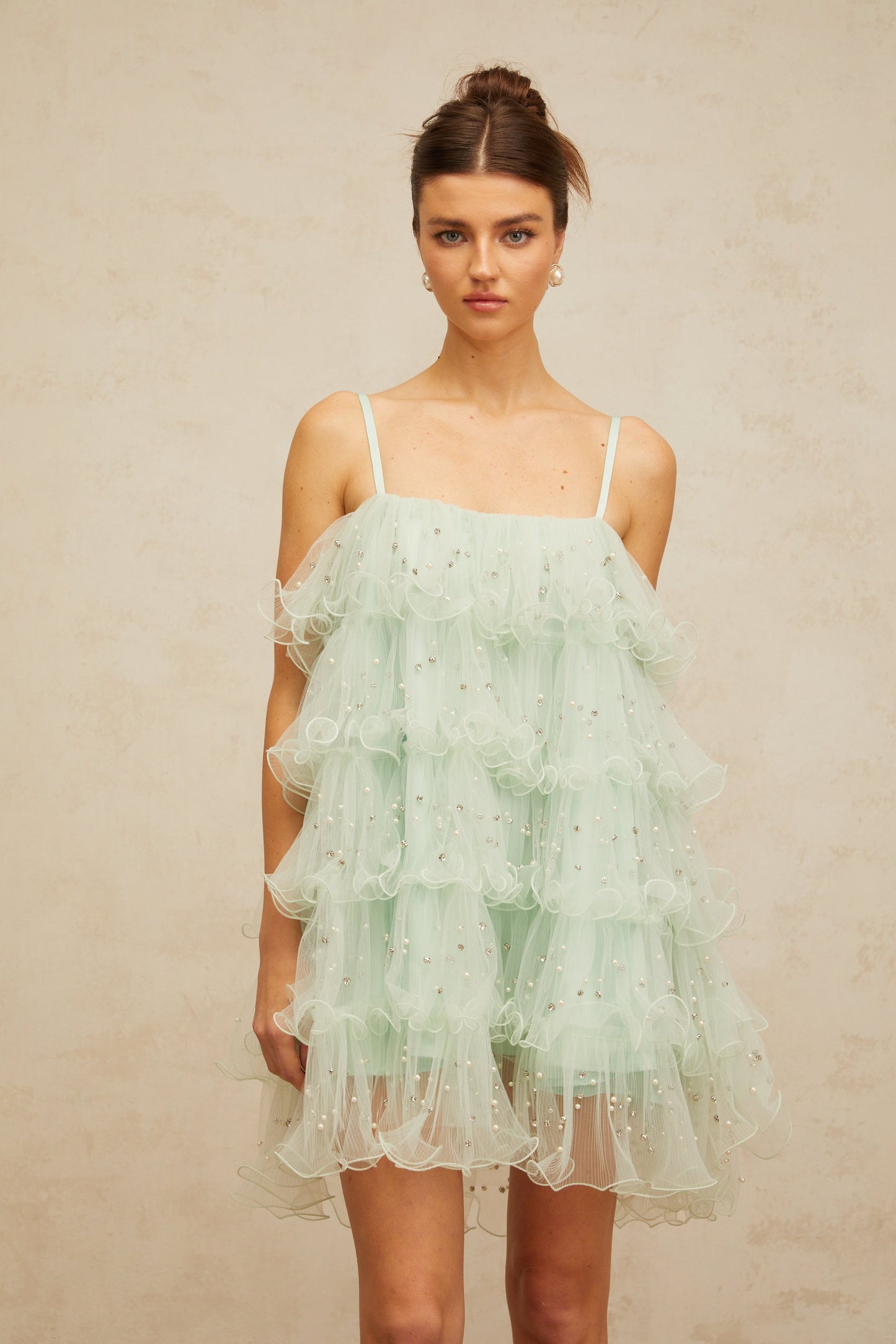Airelle light-green embellished tiered tulle mini dress