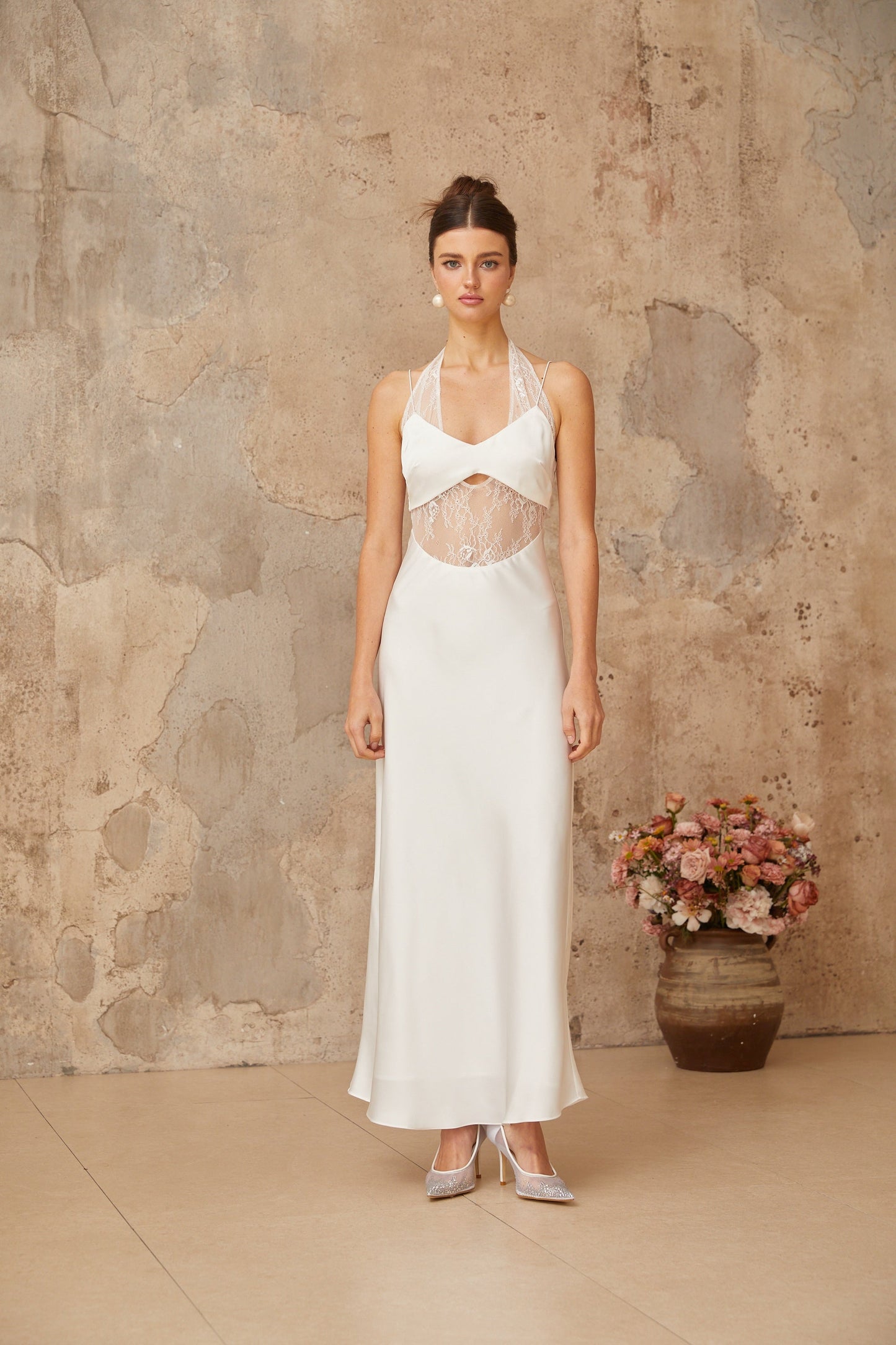 Blanche white lace-panel satin maxi dress