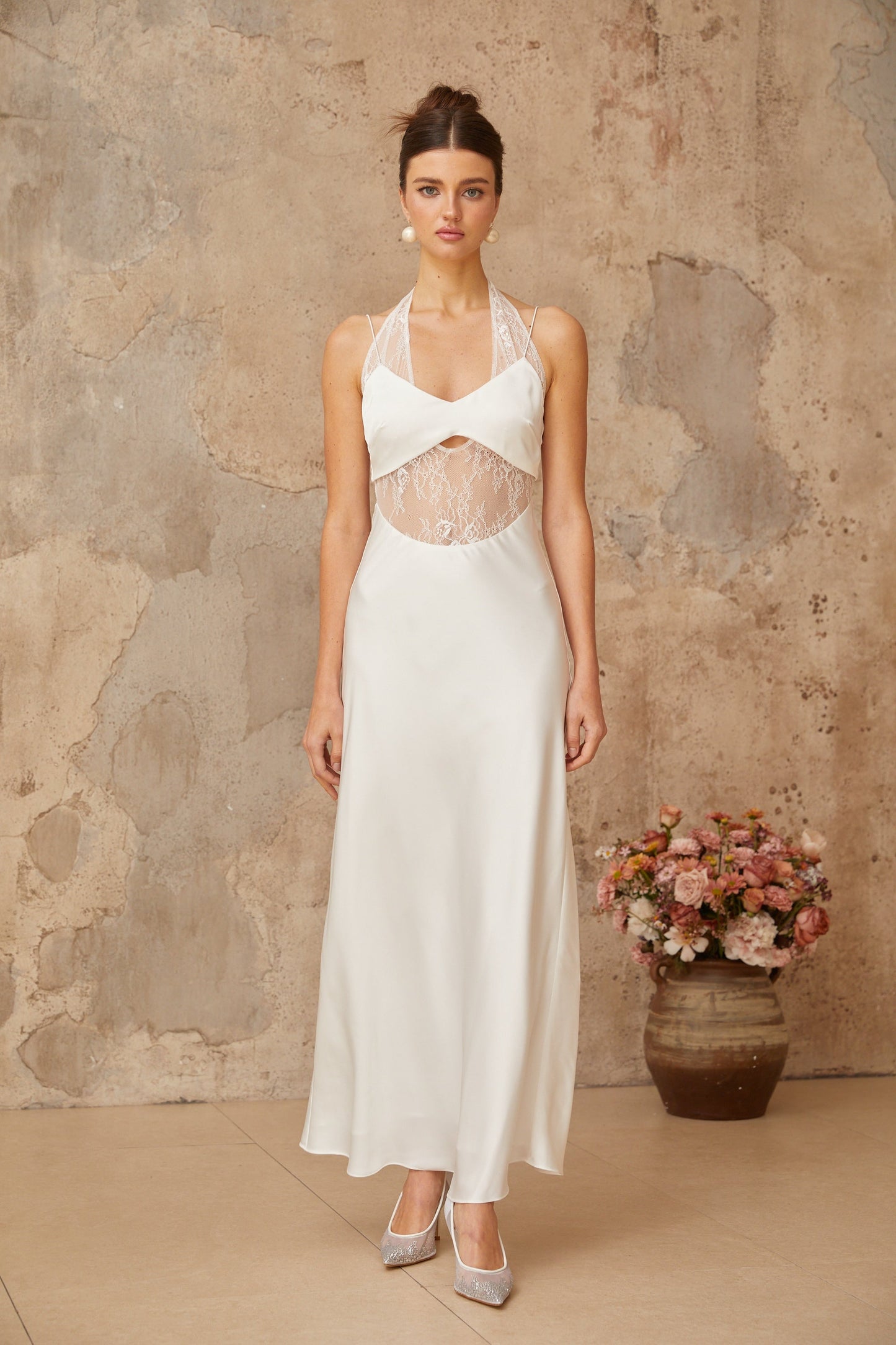 Blanche white lace-panel satin maxi dress