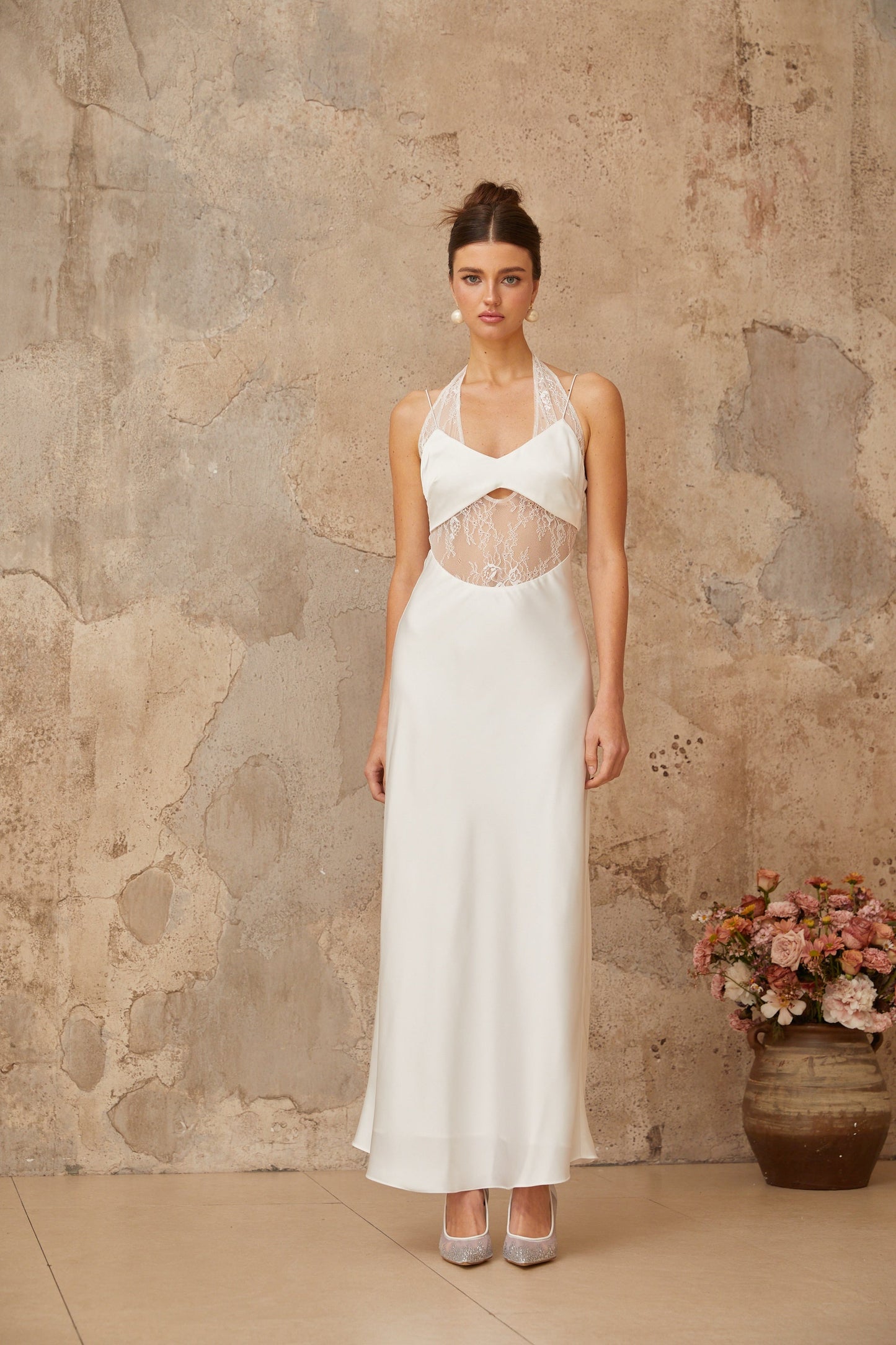 Blanche white lace-panel satin maxi dress
