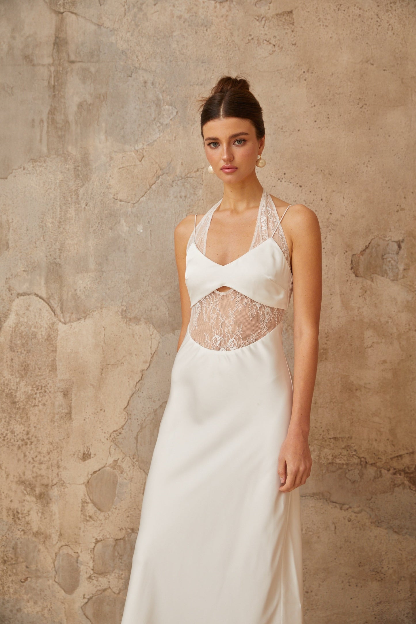Blanche white lace-panel satin maxi dress