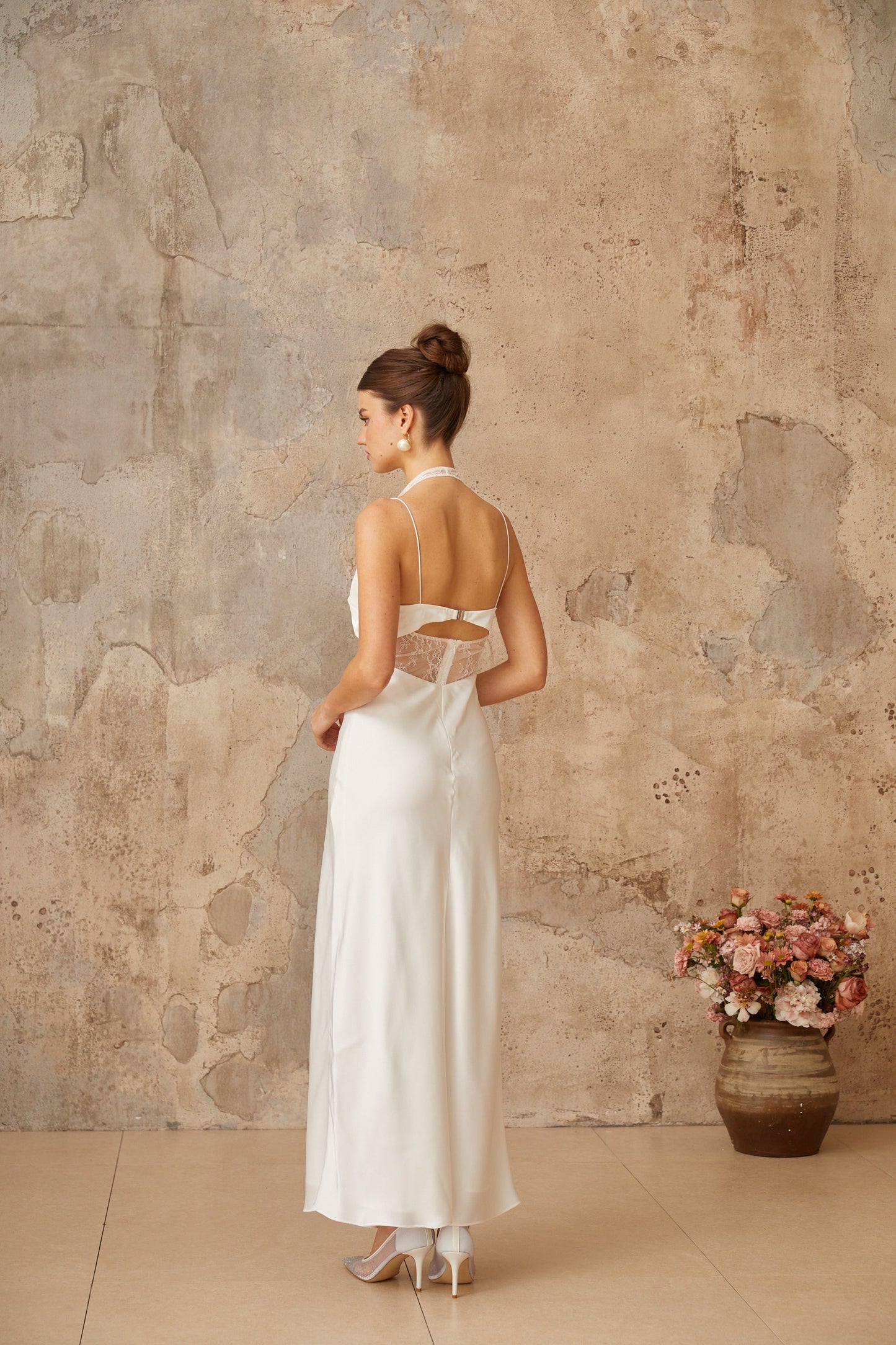 Blanche white lace-panel satin maxi dress