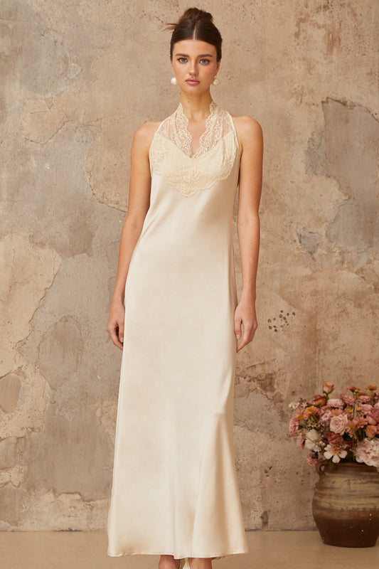 Vera white lace-trim satin maxi dress
