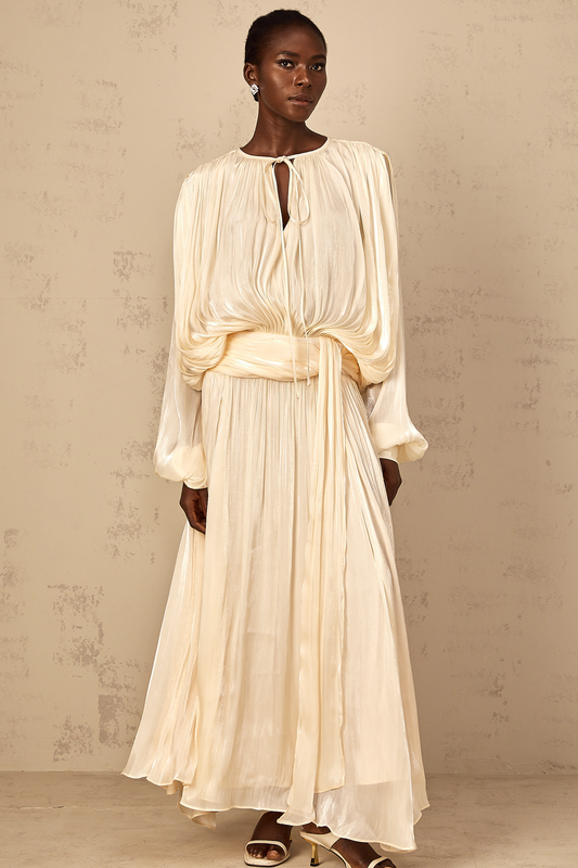 Eugénie Neutral Fully Pleated Ruffled Maxi Dress