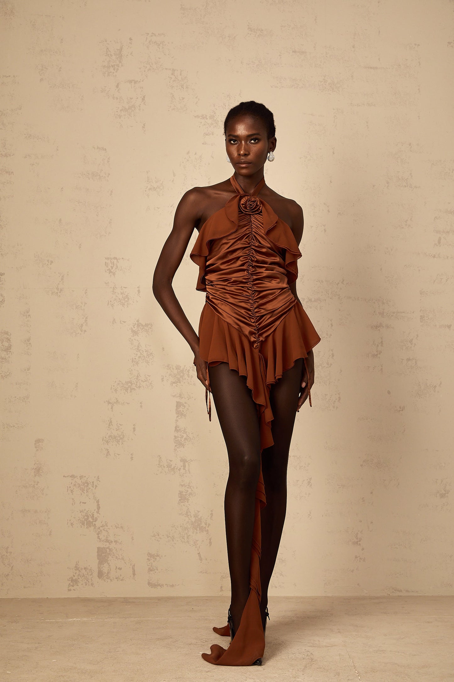 Léonie brown floral-appliqué ruched mini dress