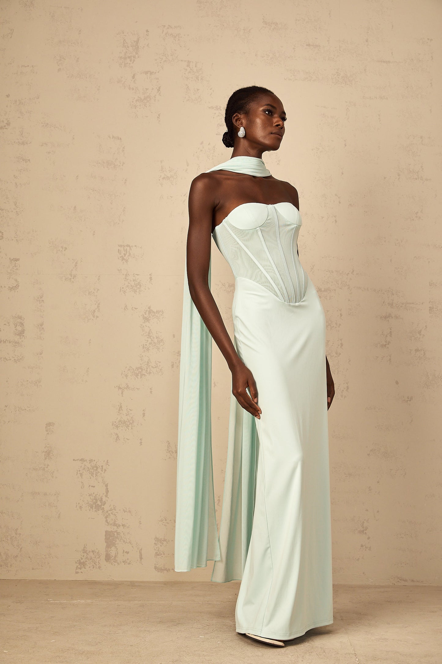 Béryl mint-green tulle-panel corset maxi dress