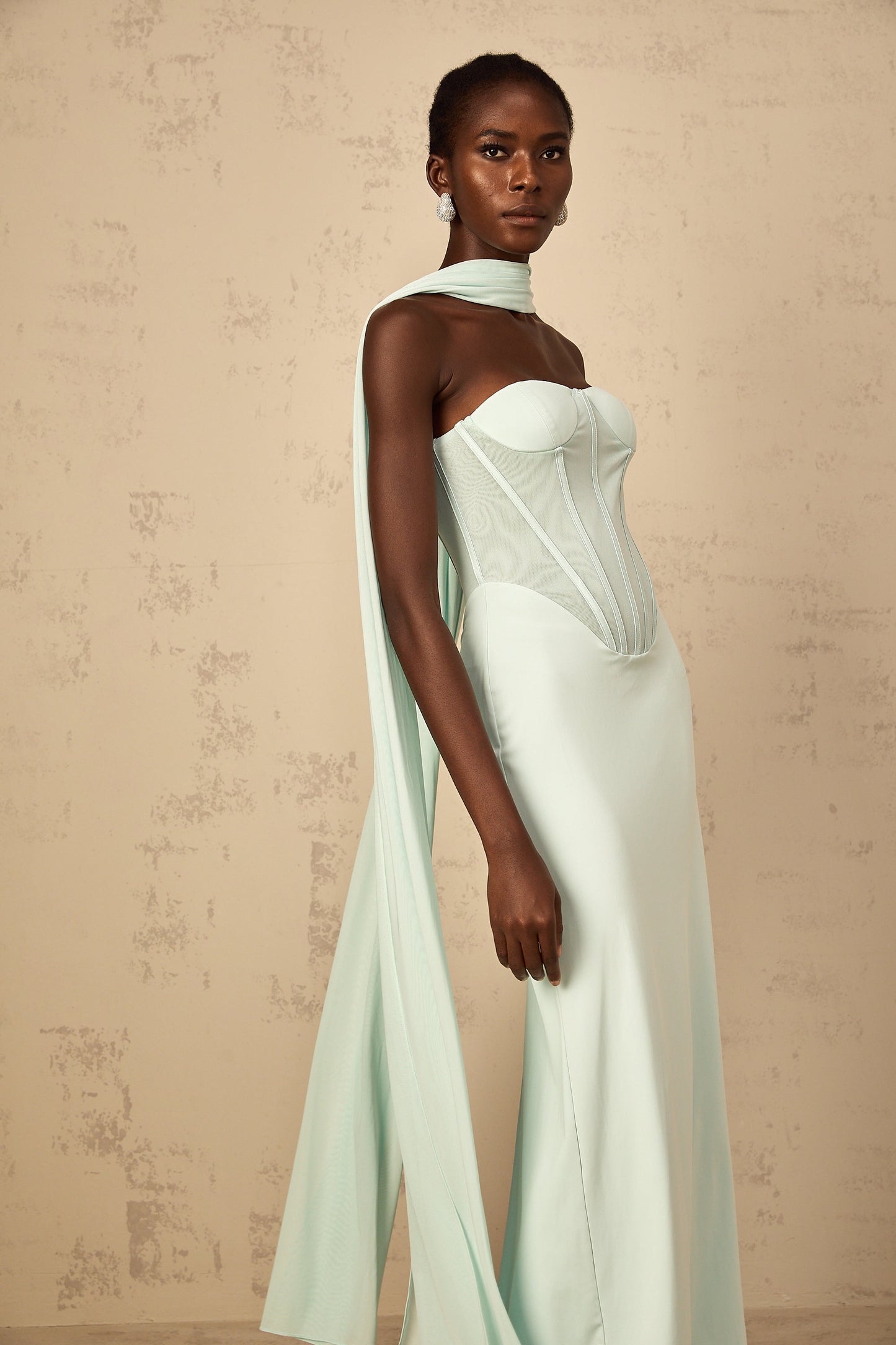 Béryl mint-green tulle-panel corset maxi dress