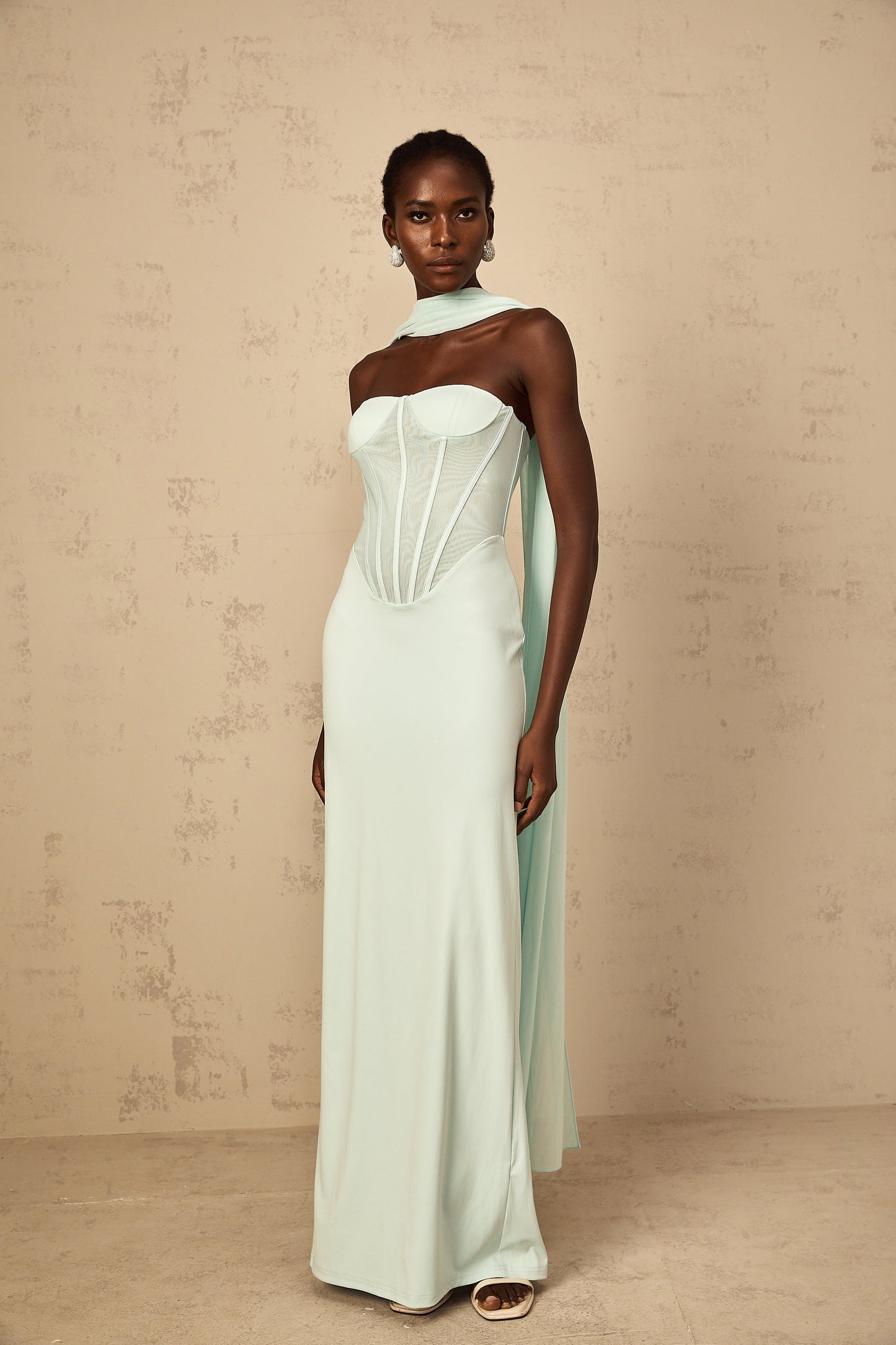 Béryl mint-green tulle-panel corset maxi dress