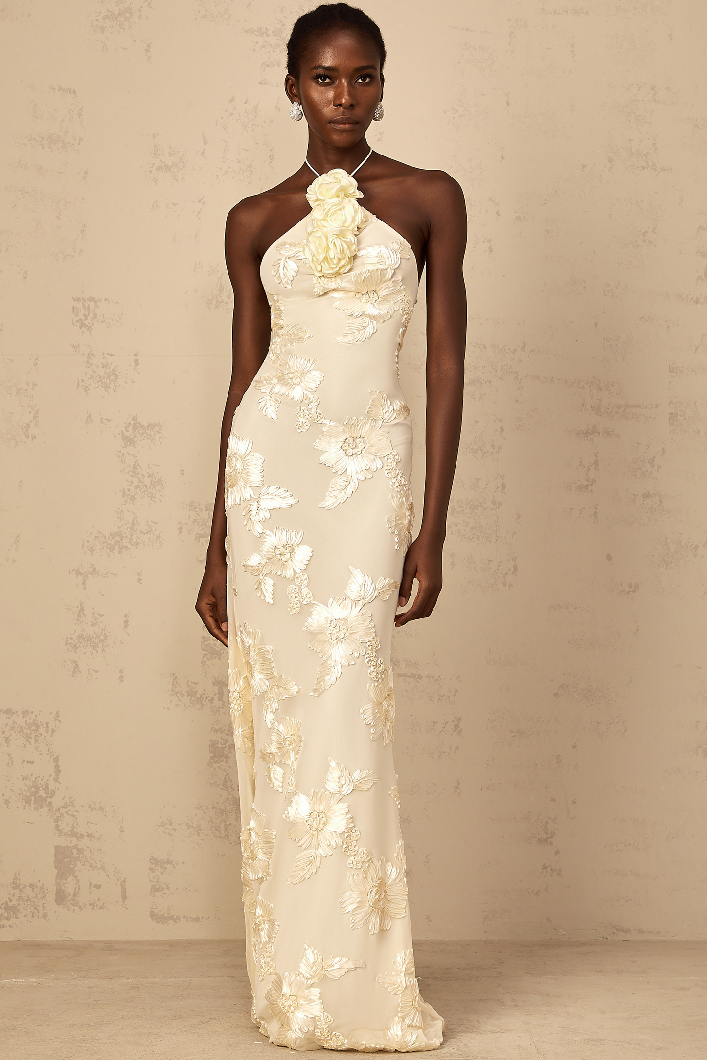 Melanie neutrals embroidered halterneckr maxi dress