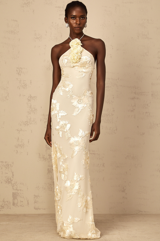 Melanie neutrals embroidered halterneckr maxi dress