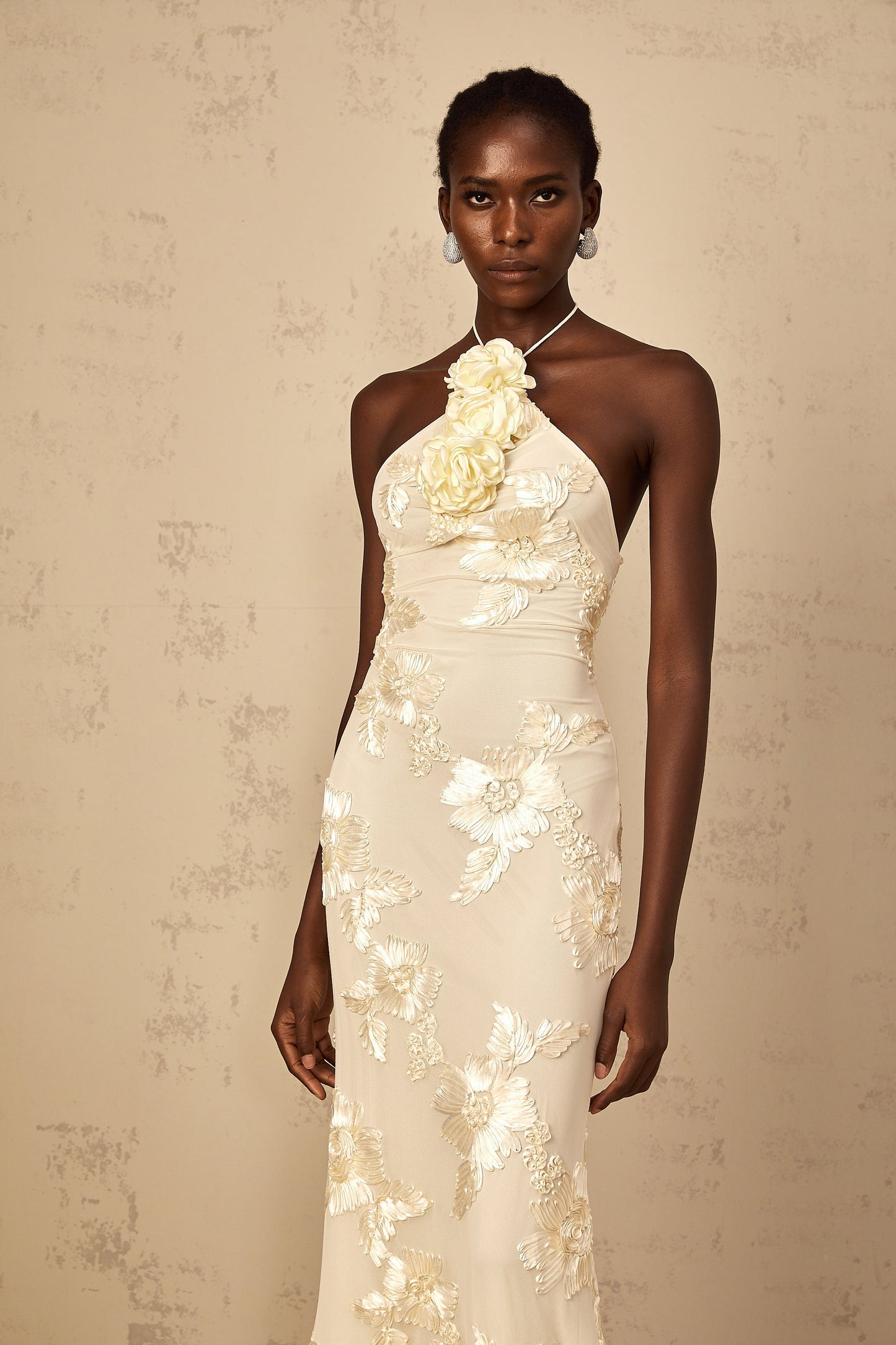 Melanie neutrals embroidered halterneckr maxi dress