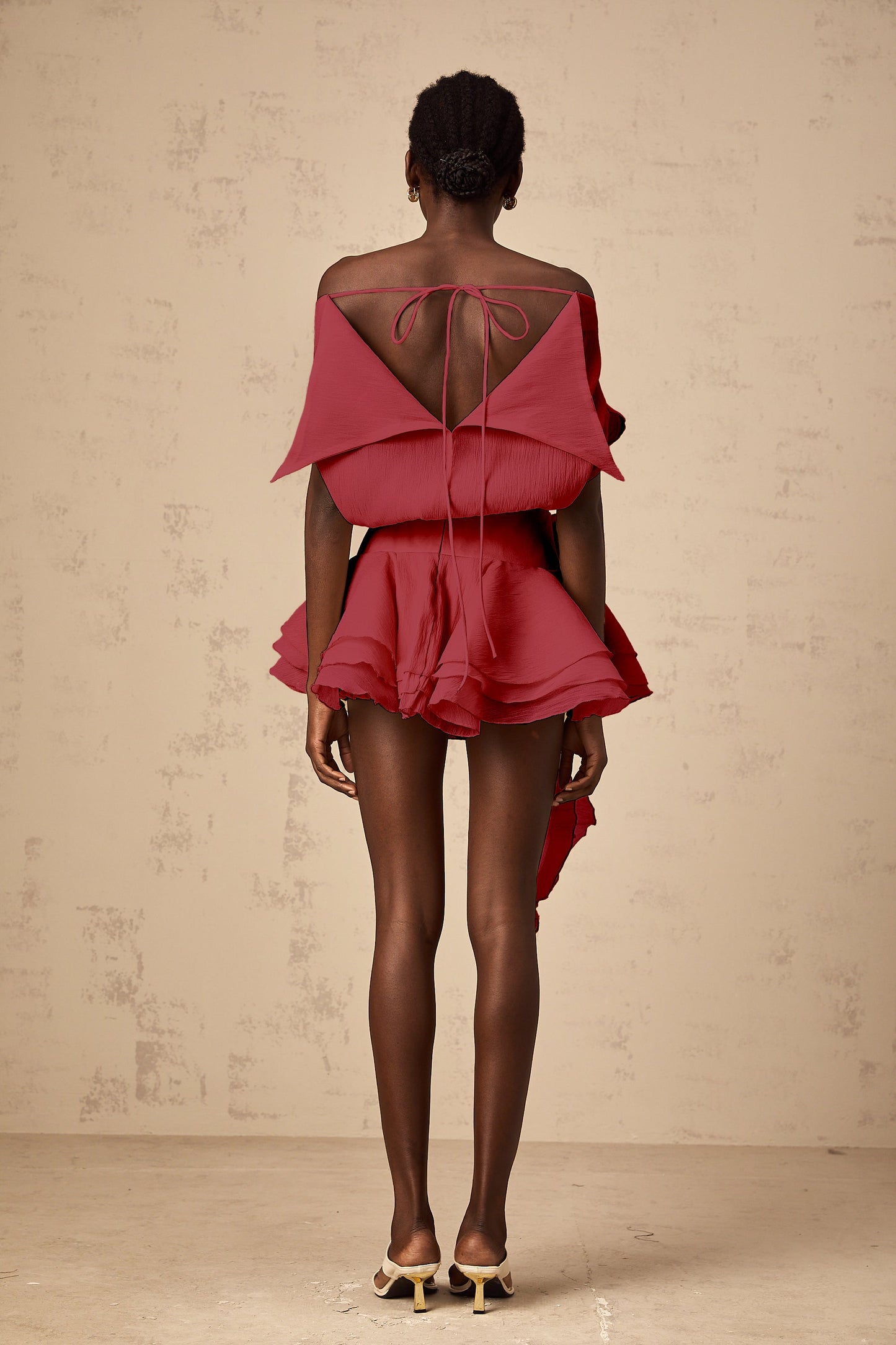 Amélie floral-appliqué flounced mini dress in Red
