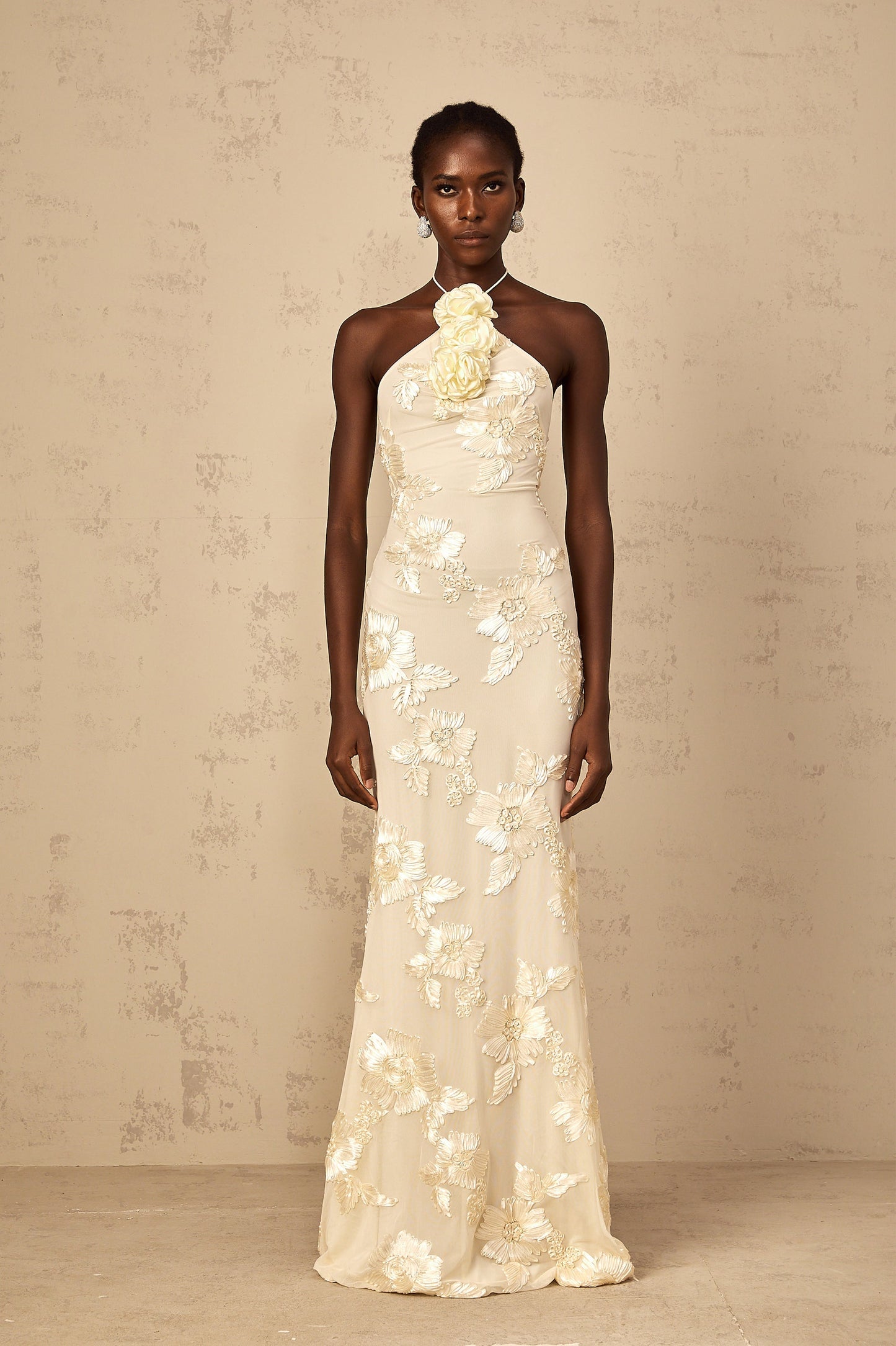 Melanie neutrals embroidered halterneckr maxi dress