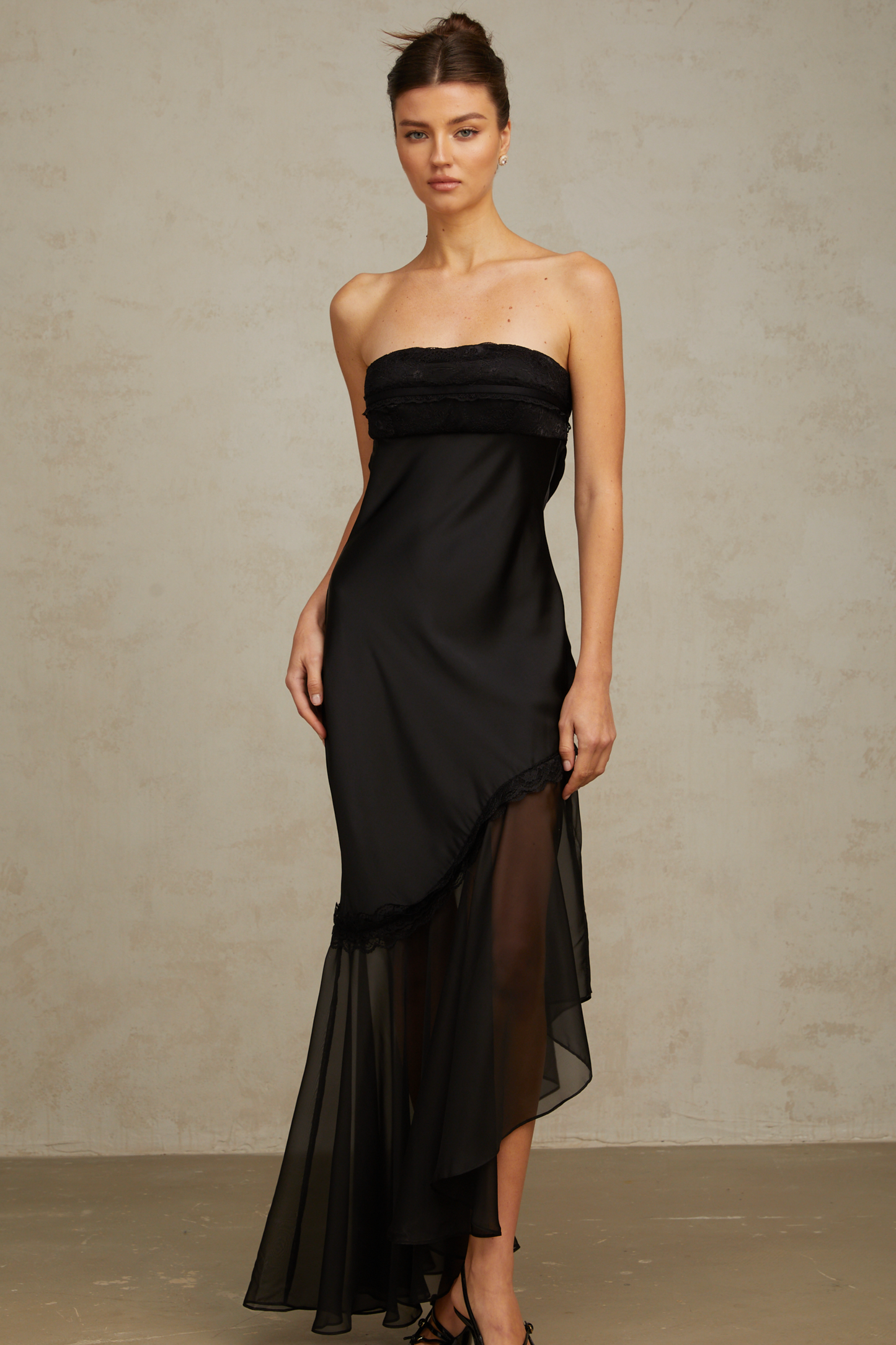 Bernadette black tulle-panelling satin maxi dress