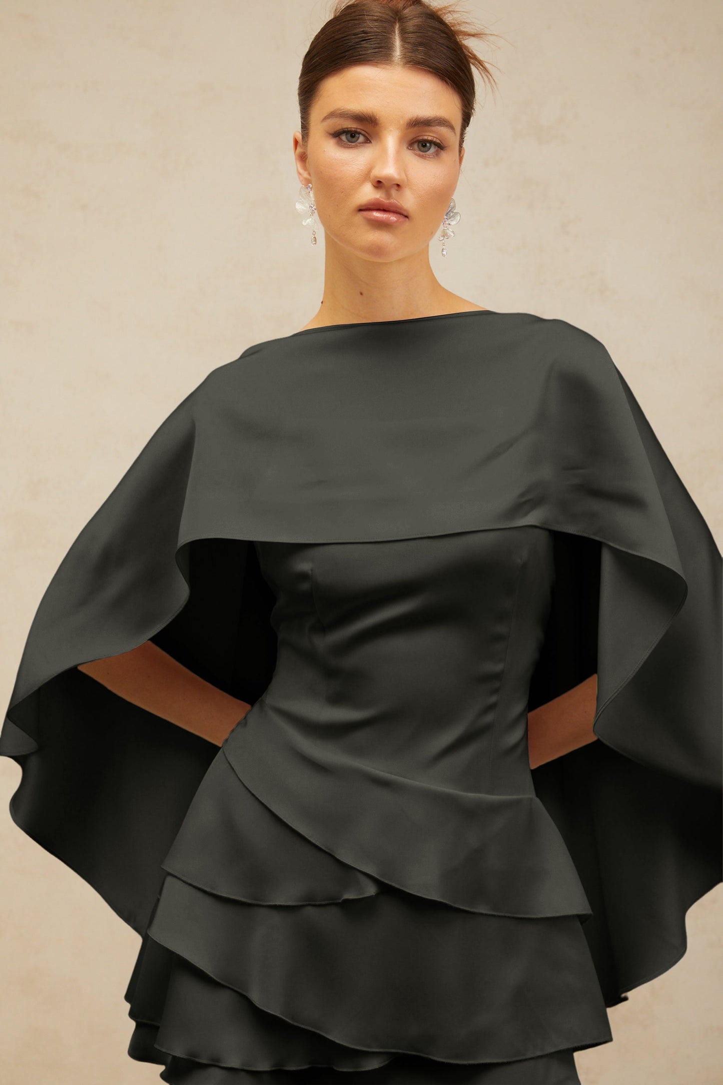 Lyna Black Satin Ruffled Mini Dress with Shawl Panel Detail