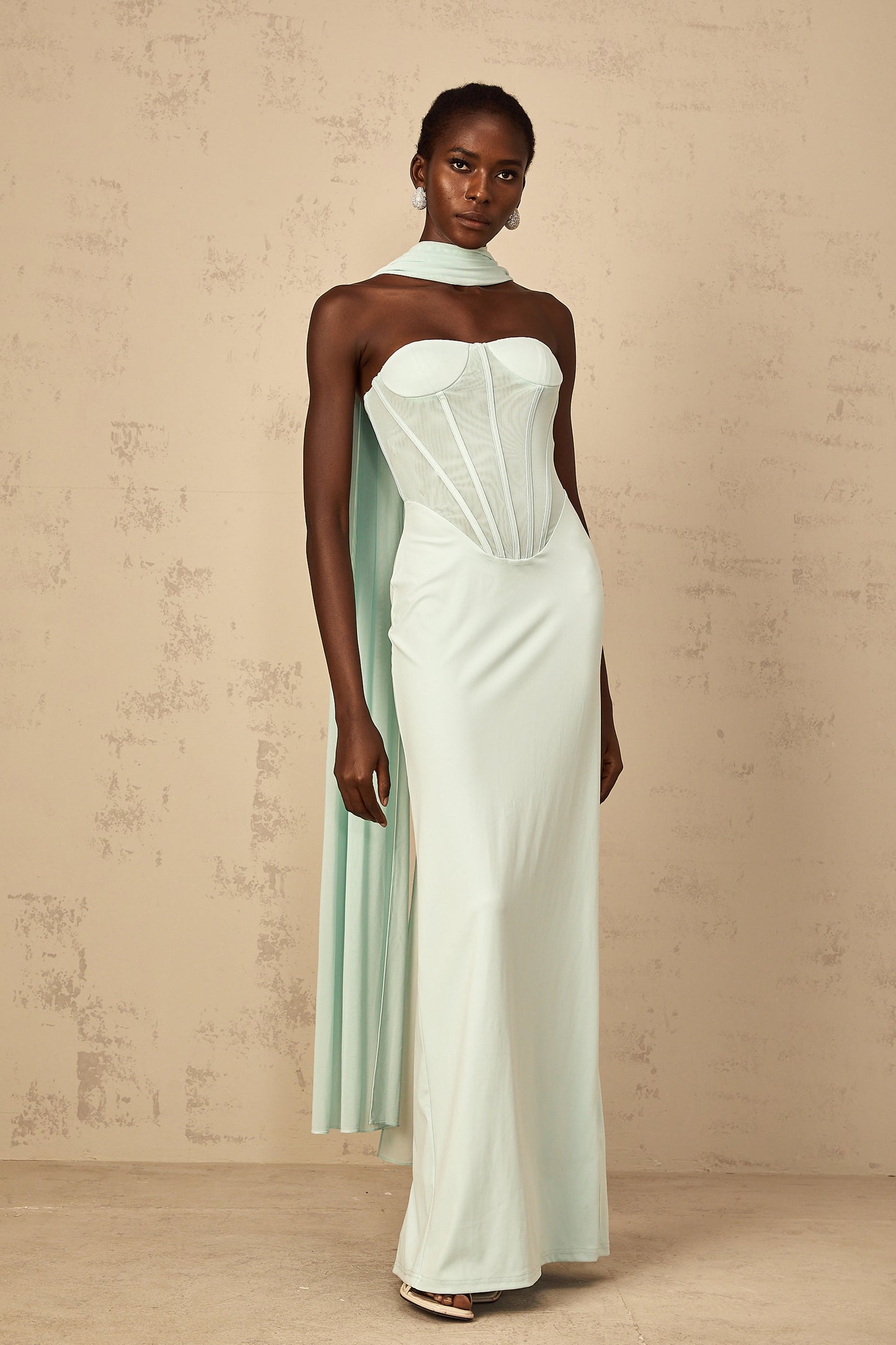 Béryl mint-green tulle-panel corset maxi dress