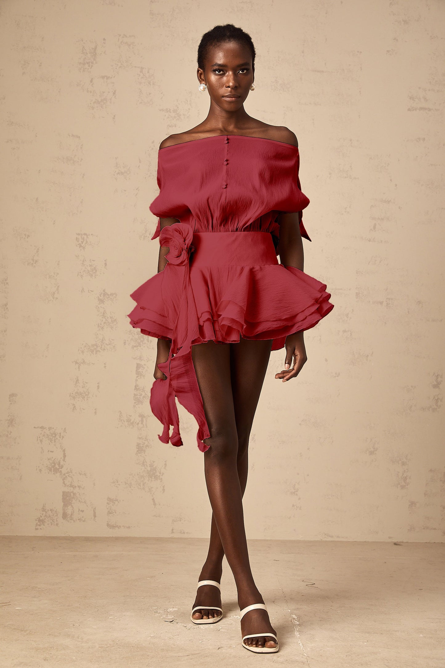 Amélie floral-appliqué flounced mini dress in Red