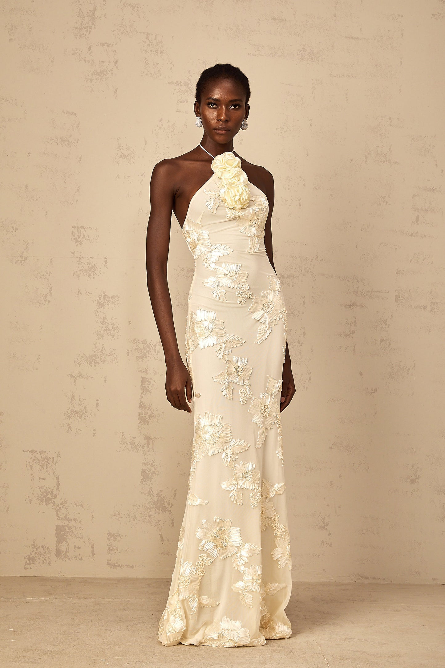 Melanie neutrals embroidered halterneckr maxi dress