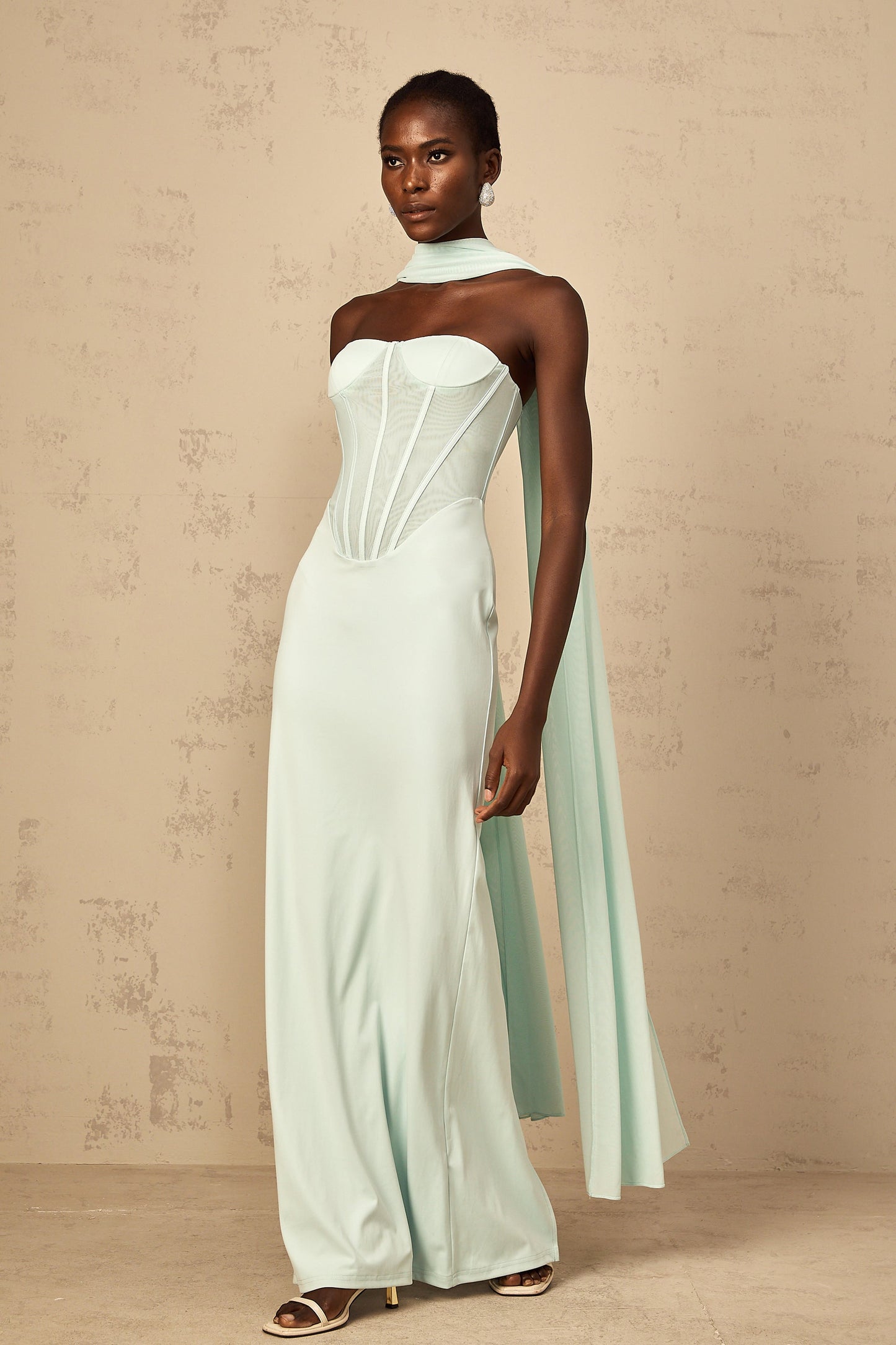 Béryl mint-green tulle-panel corset maxi dress