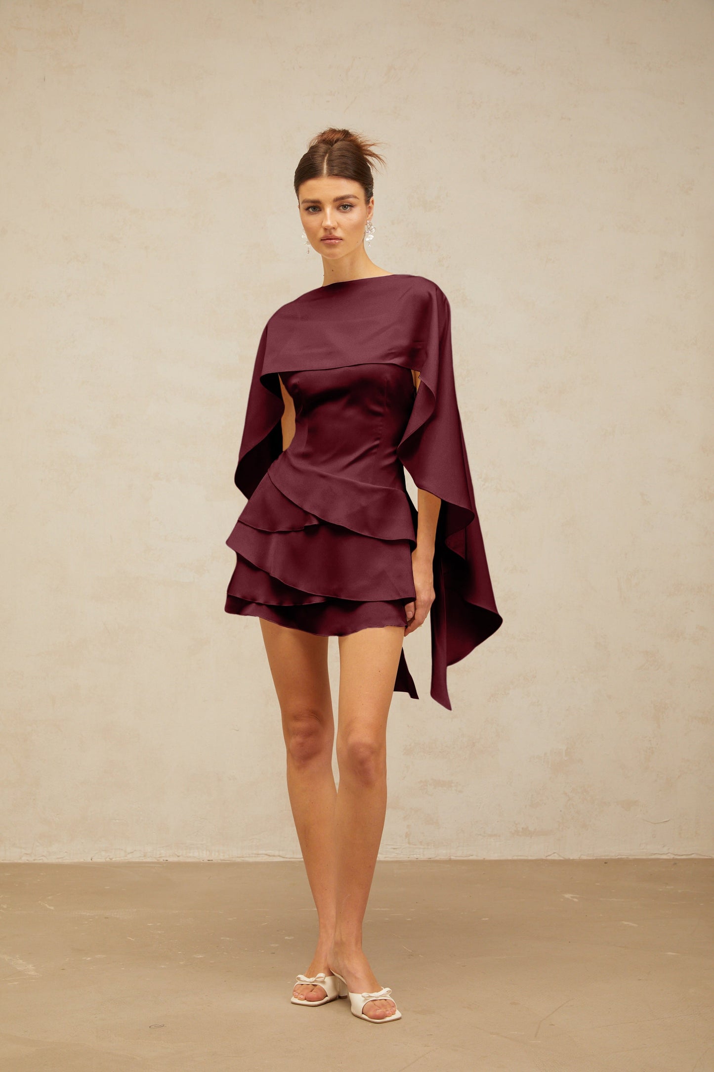 Lyna shawl-panel ruffled satin mini dress in Red