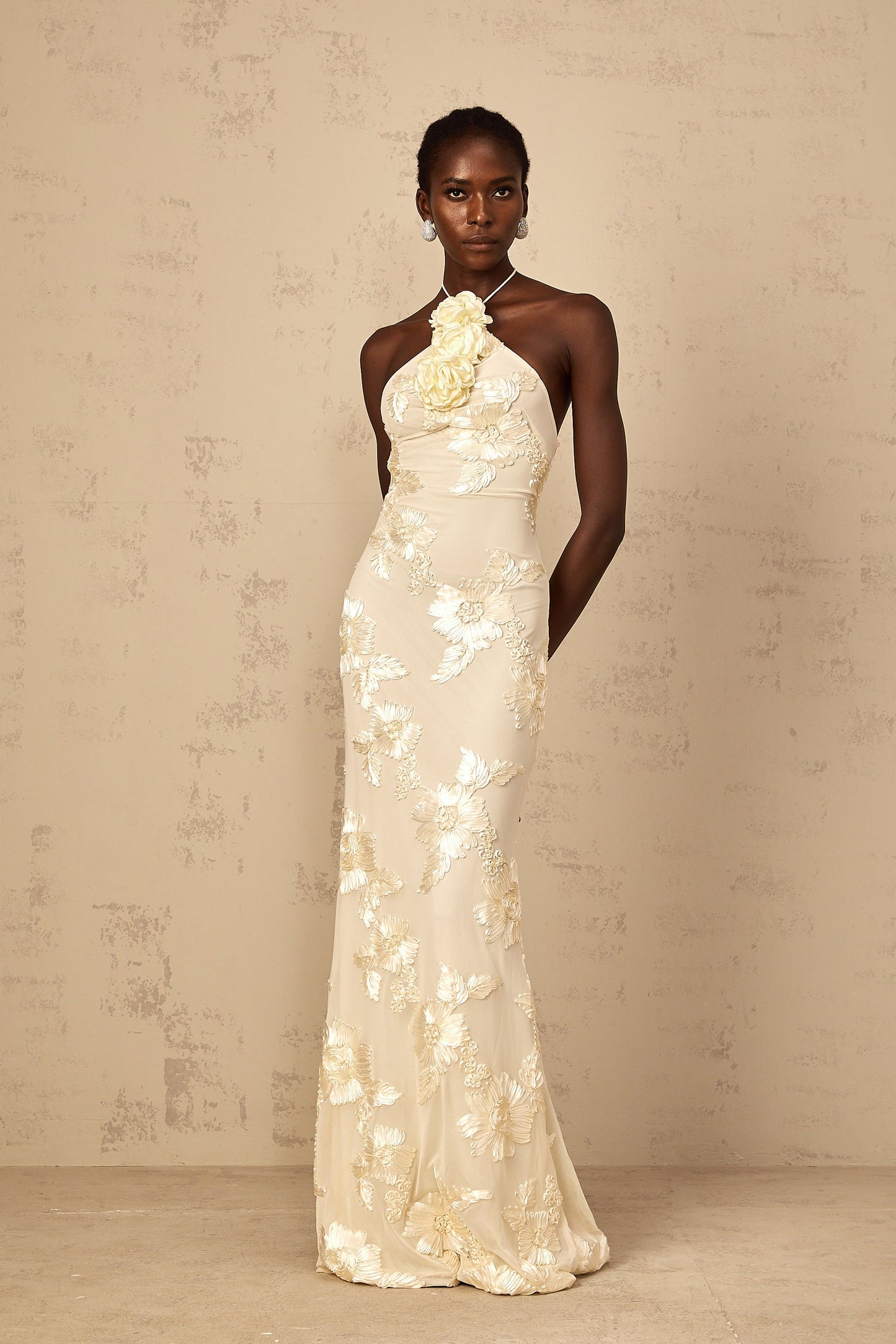 Melanie neutrals embroidered halterneckr maxi dress