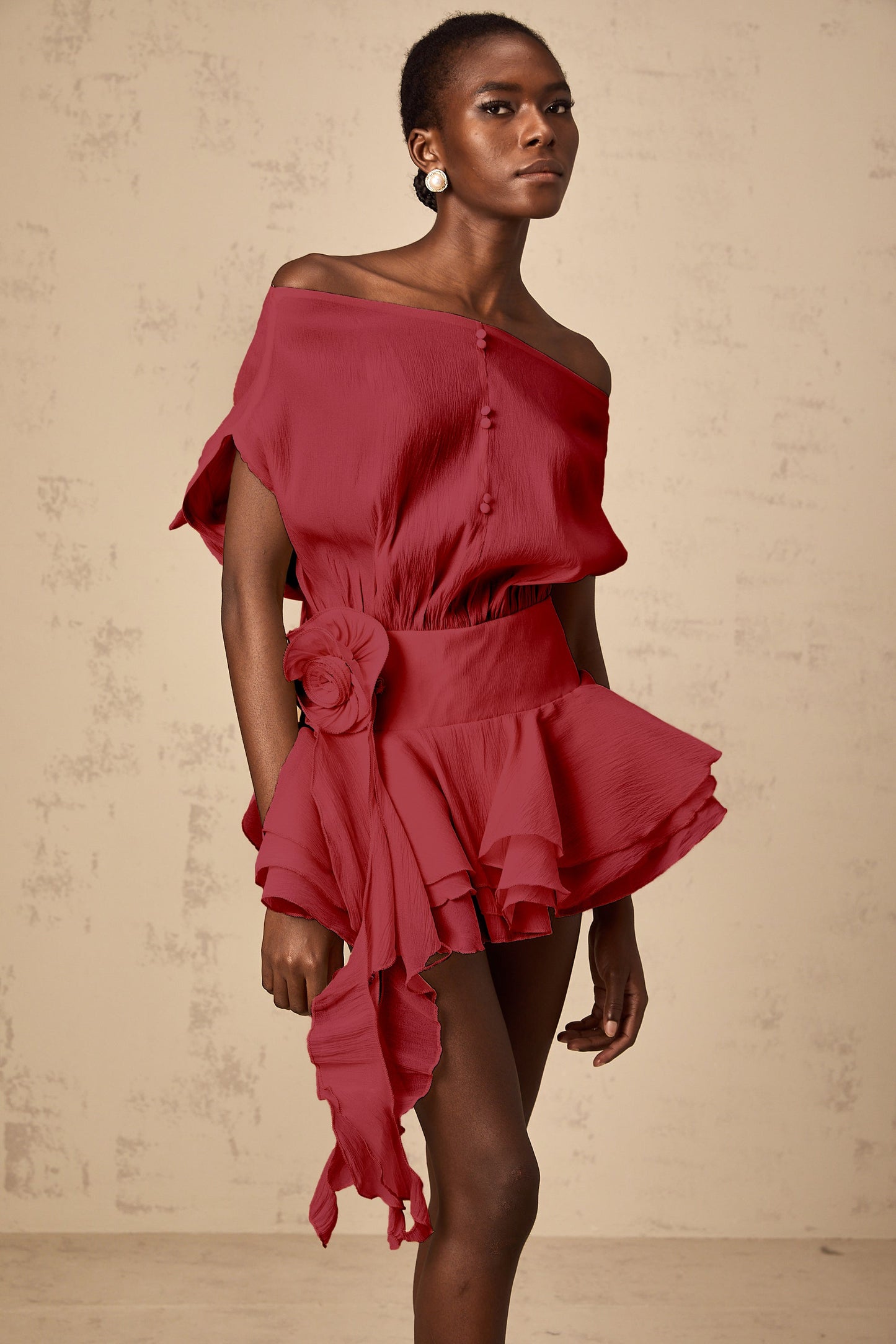 Amélie floral-appliqué flounced mini dress in Red