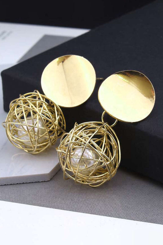 Metal Pearl Geometric Round Stud Earrings