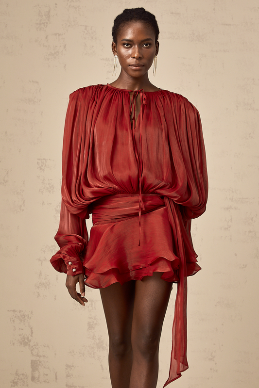 Eugénie Red Fully Pleated Ruffled Mini Dress